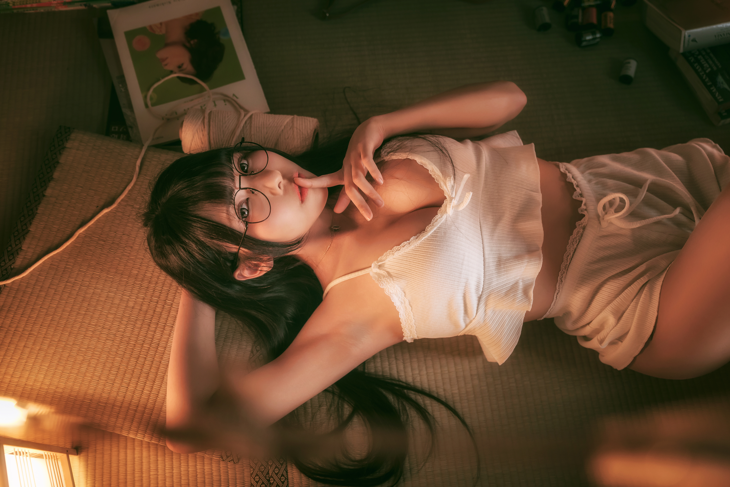 People 2560x1709 women model Asian women indoors white tops indoors women with glasses silence hand gesture black hair looking at viewer lying on back Vicky (Asian model) cleavage