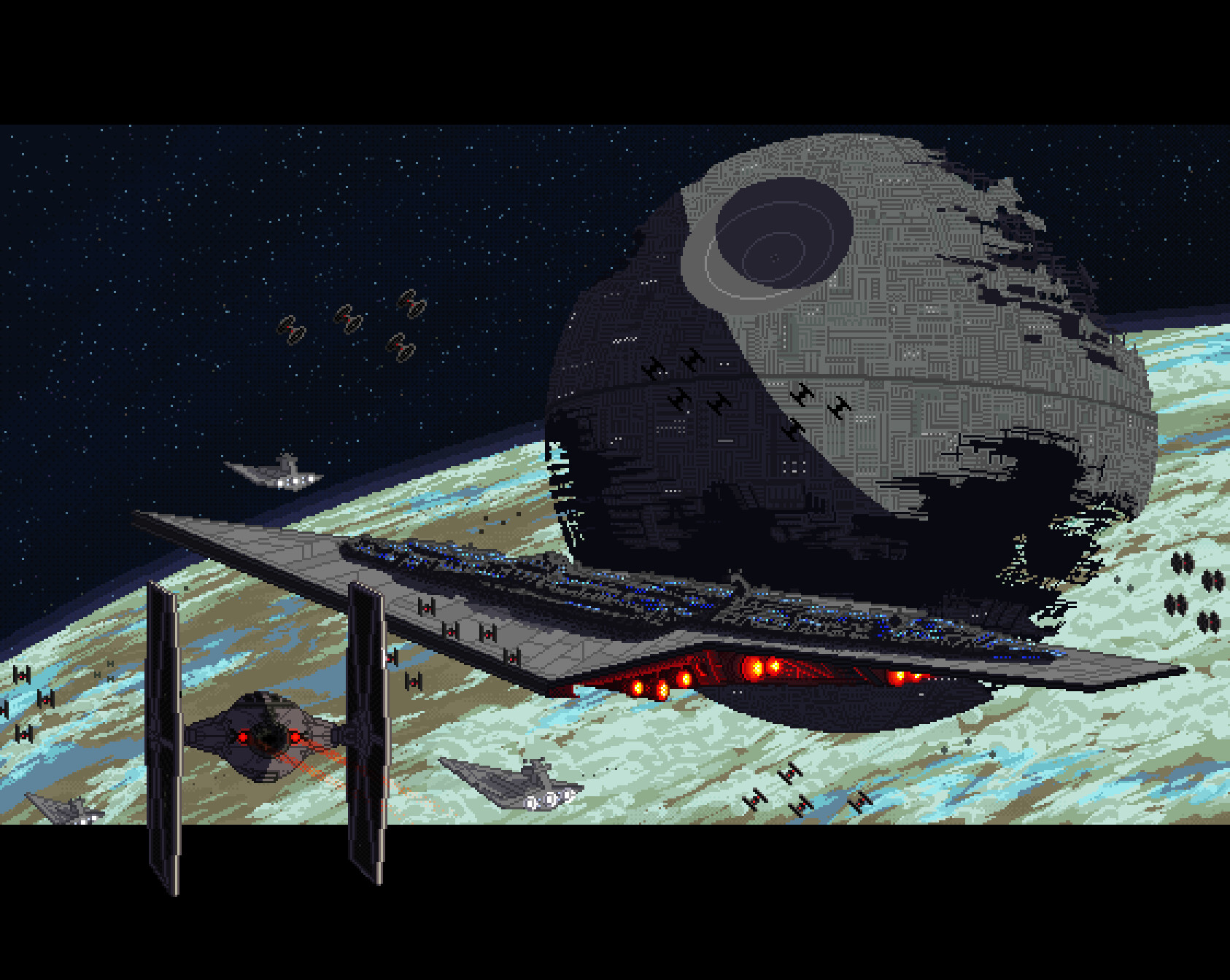 General 1686x1344 artwork digital art Star Wars Death Star pixel art fantasy art Super Star Destroyer TIE Fighter