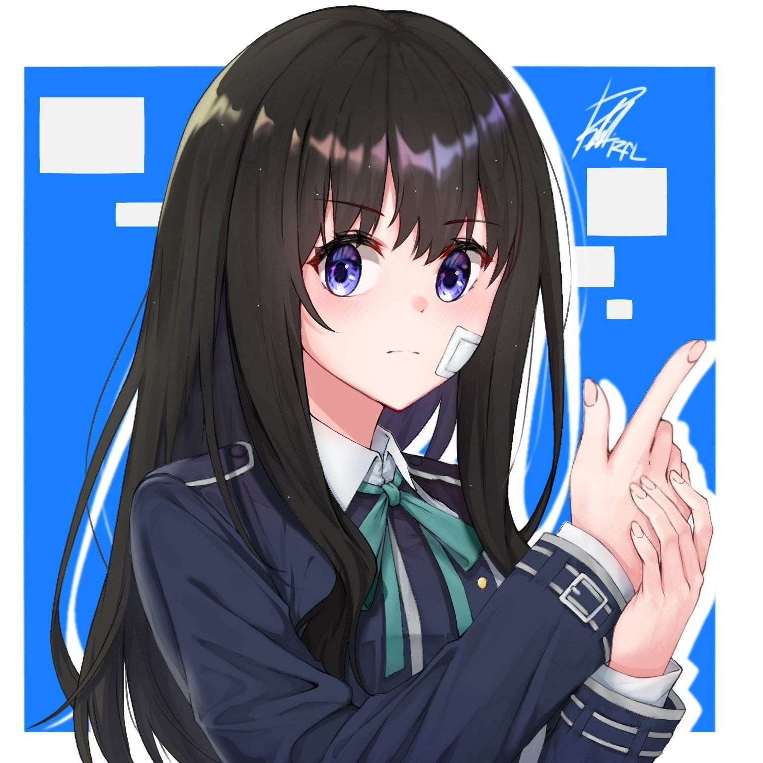 Anime 1536x1536 anime anime girls Lycoris Recoil Inoue Takina long hair black hair artwork digital art fan art finger gun Band-Aid