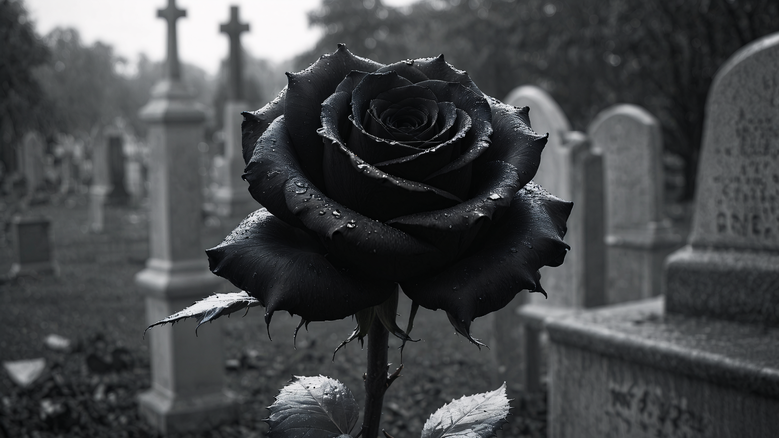 General 2560x1440 rose grave dark monochrome black rose AI art blurry background depth of field closeup leaves graveyards tombstones wet