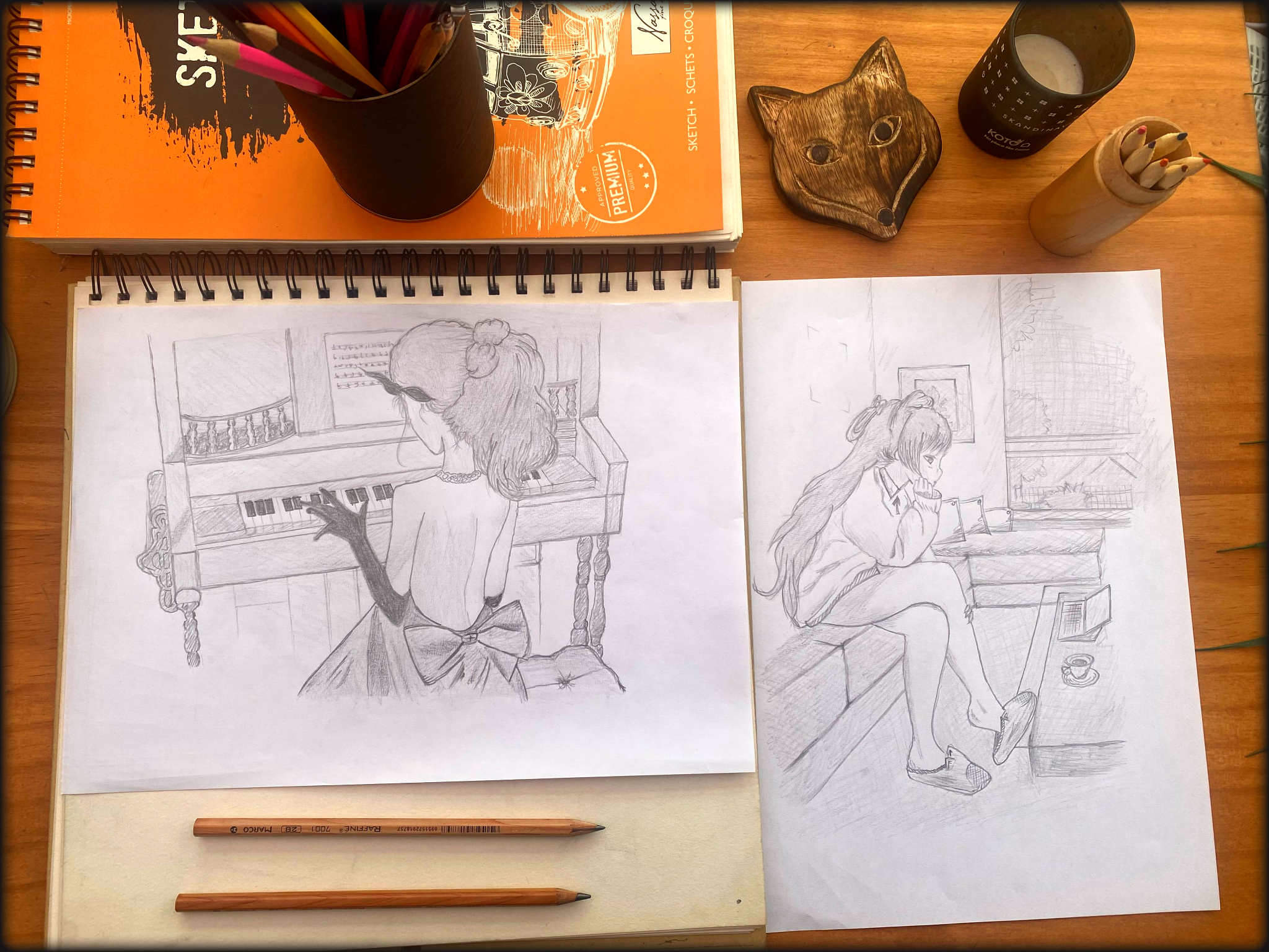 Anime 2048x1536 drawing anime girls pencil drawing sketches piano musical instrument Blue Archive sitting Sorasaki Hina (Blue Archive) paper crayons wooden surface dress backless dress gloves elbow gloves legs crossed resting head pencils