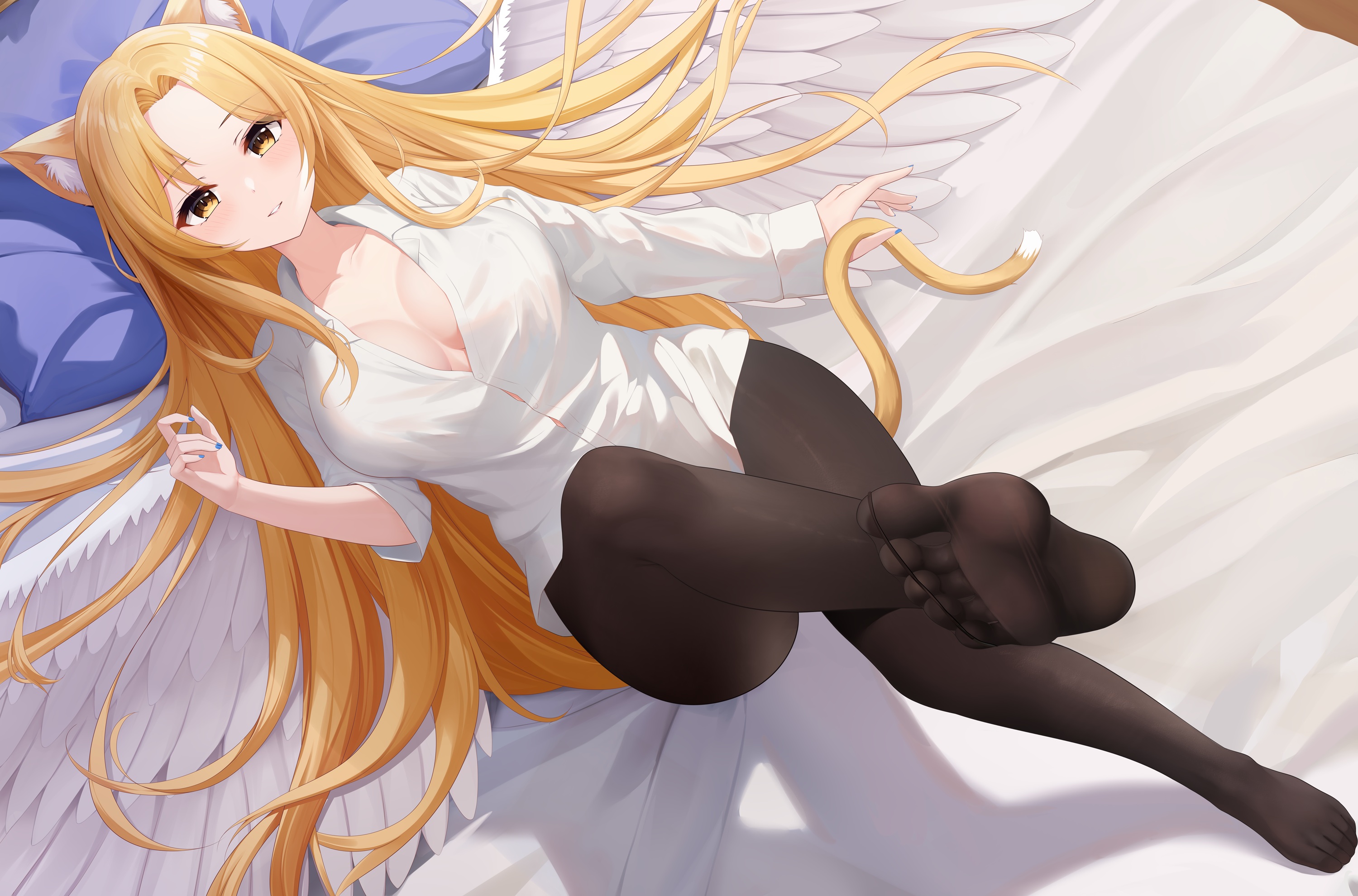Anime 3000x1980 anime anime girls feet feet in the air pantyhose foot sole Shenqi looking at viewer lying down lying on back black pantyhose long hair hair spread out blushing yellow eyes cat girl cat ears cat tail wings pillow bed cleavage big boobs open clothes open shirt blonde painted nails blue nails long sleeves