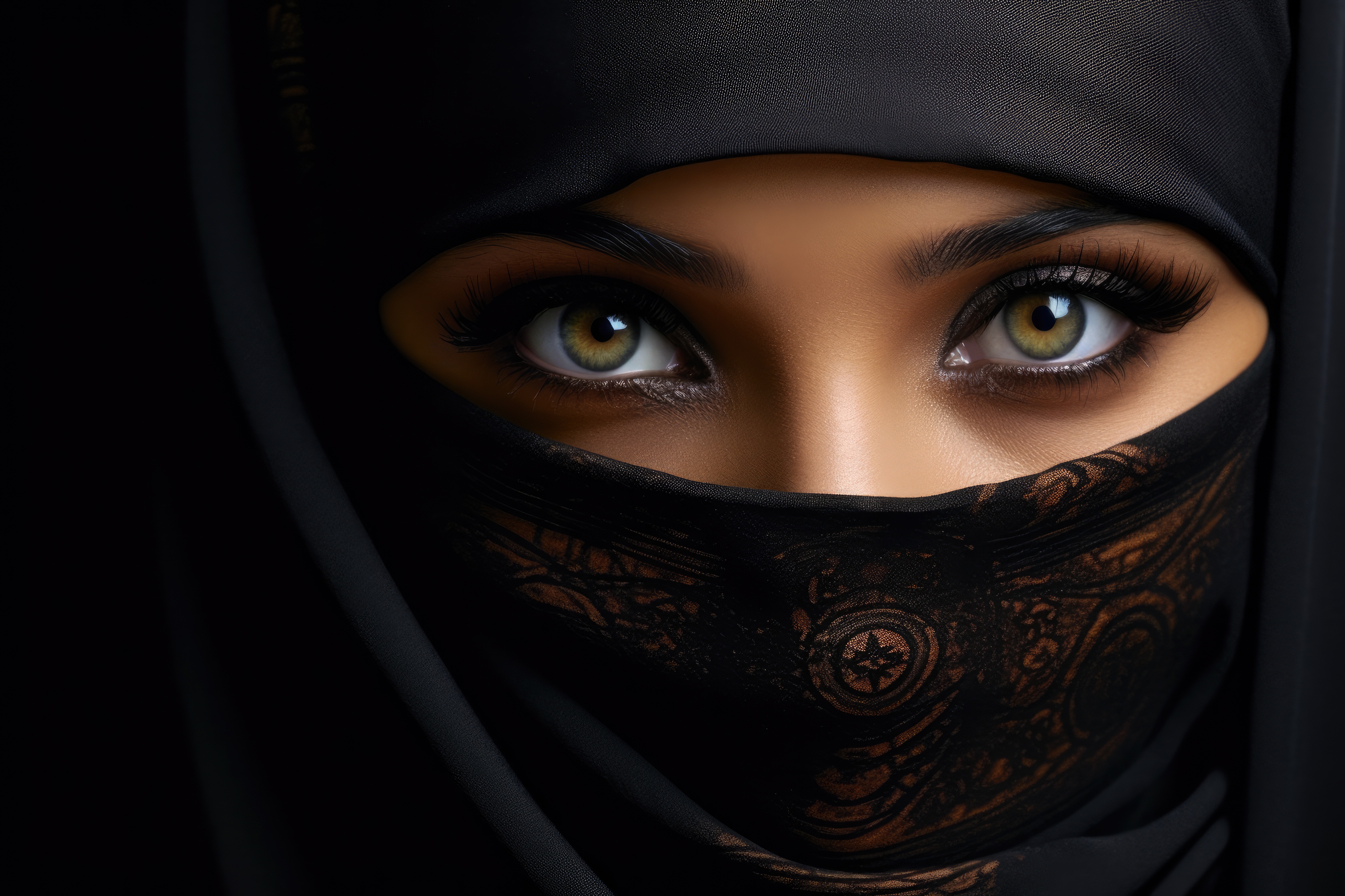 General 5376x3584 hijabs yellow eyes black clothing Muslim women eyeliner eyeshadow AI art