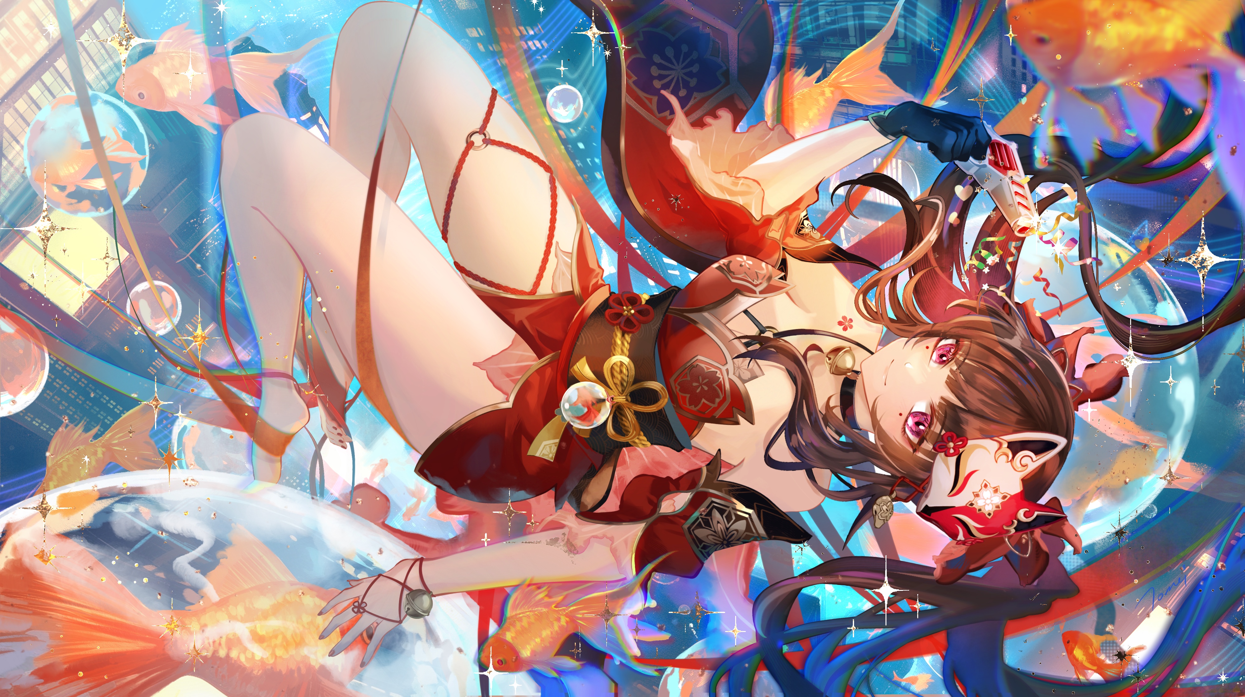 Anime 4000x2240 Honkai: Star Rail Sparkle (Honkai: Star Rail) anime anime games anime girls bubbles Tomei looking at viewer closed mouth long hair hair ornament fox mask choker bells tassels Japanese clothes sash smiling brunette purple eyes animals missing glove black gloves gloves twintails fish