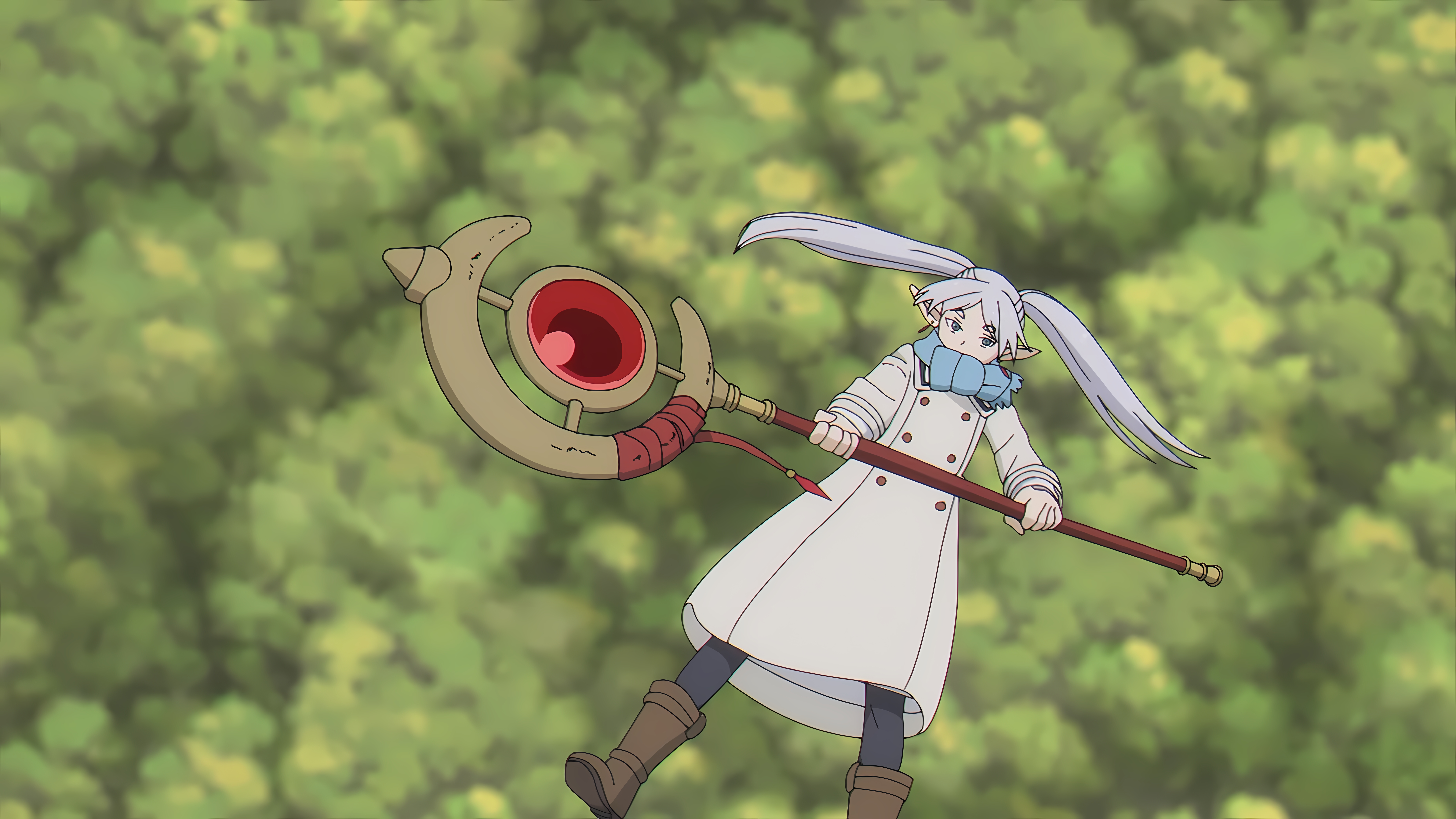 Anime 7680x4320 Sousou No Frieren Frieren elven anime girls upscaled falling anime anime screenshot blurred long hair pointy ears twintails thick eyebrows shoe sole coats staff earring white hair blue eyes boots
