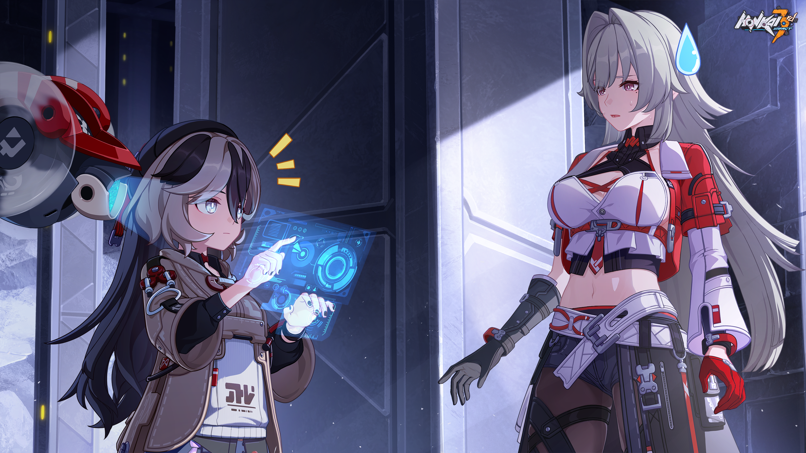 Anime 2560x1440 Honkai Impact Honkai Impact 3rd Erdős Helia (Honkai Impact 3rd) Coralie 6626 Planck (Honkai Impact 3rd) video game characters CGI video game art screen shot video game girls sitting video games sweatdrop two tone hair long hair moles mole under eye technology bare midriff closed mouth parted lips red gloves gloves painted nails black nails title anime games