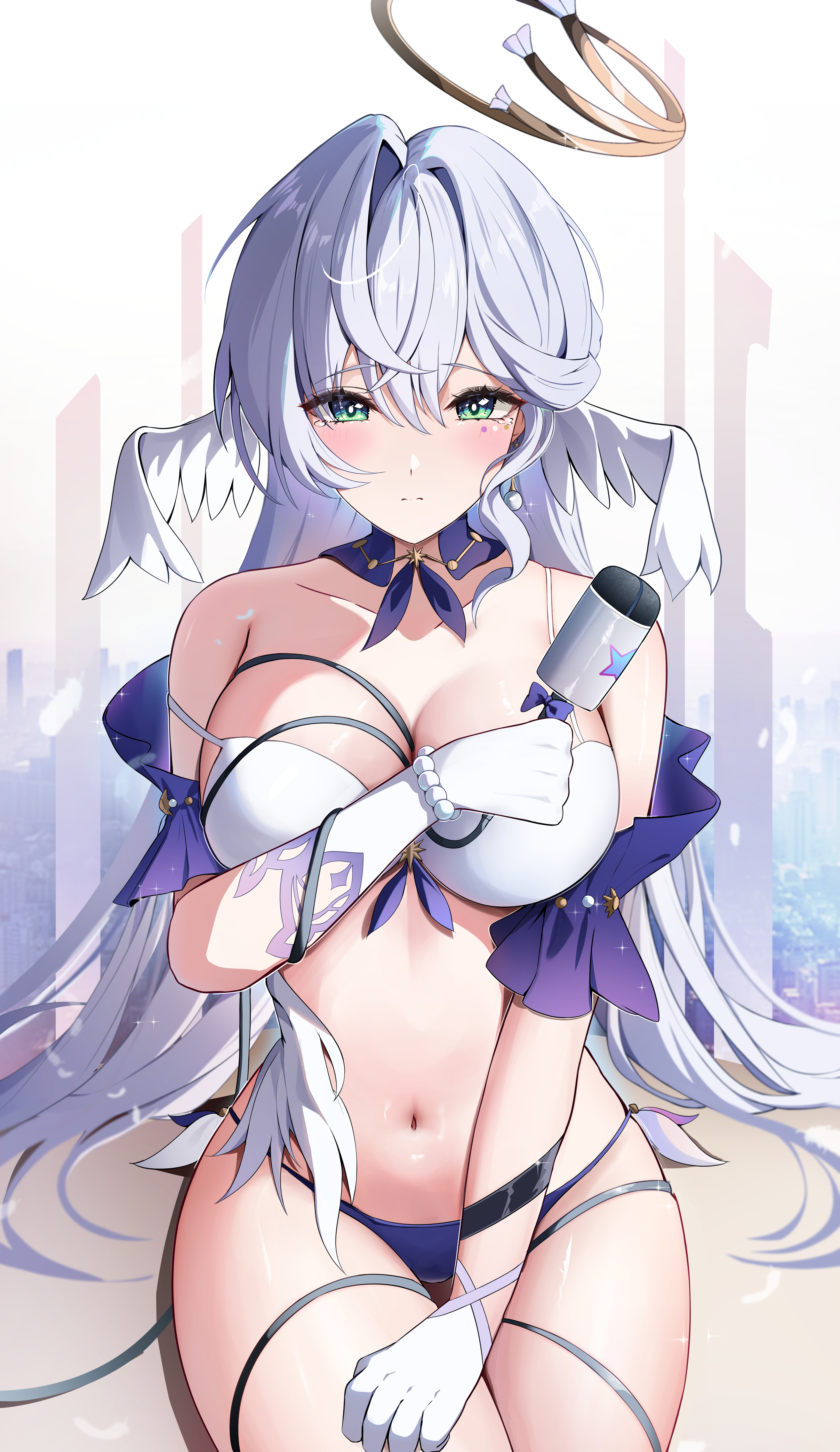 Anime 3960x6843 anime anime girls angel belly belly button bare midriff white hair wings tattoo big boobs cleavage bare shoulders bare hips long hair sitting halo blushing shy white bra gloves