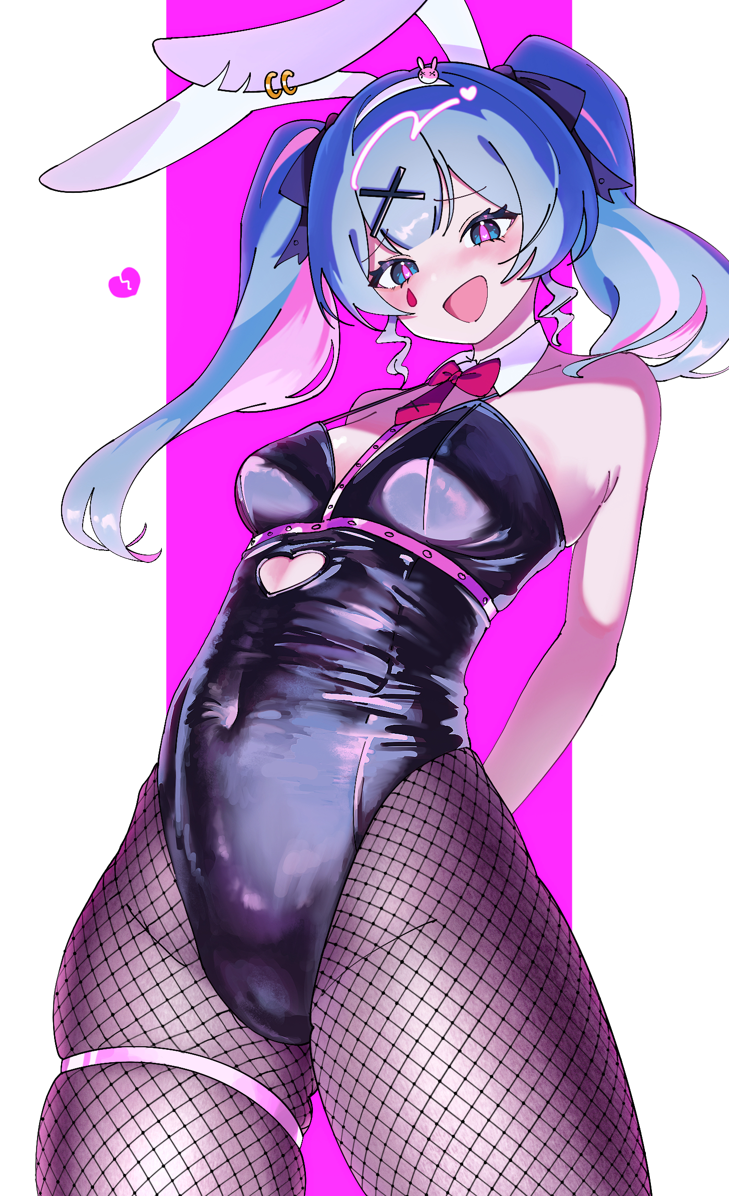 Anime 1456x2388 Hatsune Miku anime anime girls Vocaloid two tone hair blushing open mouth blue eyes simple background smiling skindentation leg ring bunny suit bunny ears black leotard leotard bunny girl hair ornament hair ribbon headband skinny fishnet pantyhose thighs arm(s) behind back twintails long hair standing portrait display latex tie bangs