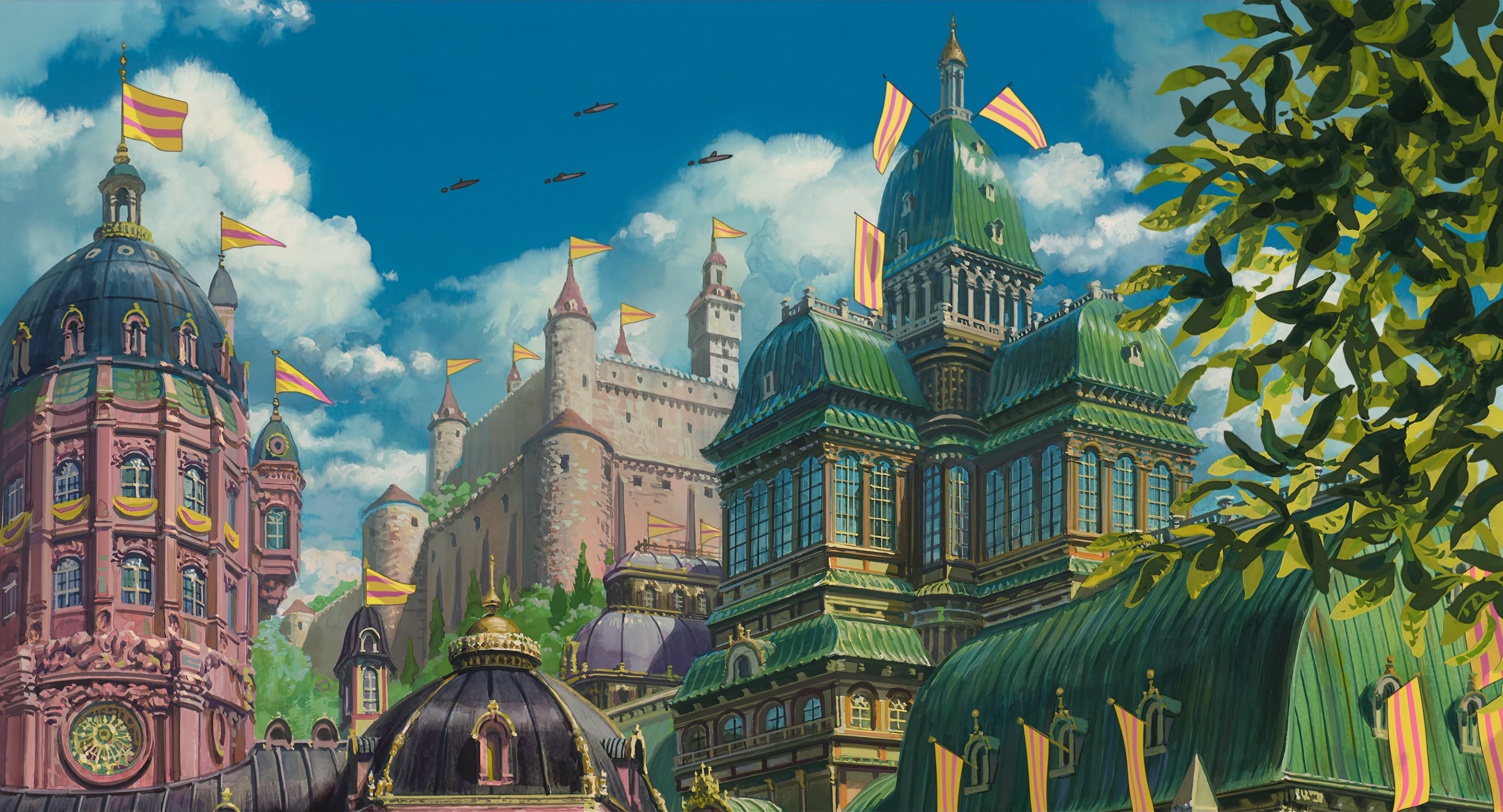 Anime 3840x2076 Howl's Moving Castle Studio Ghibli anime clouds architecture castle flag sky city leaves building