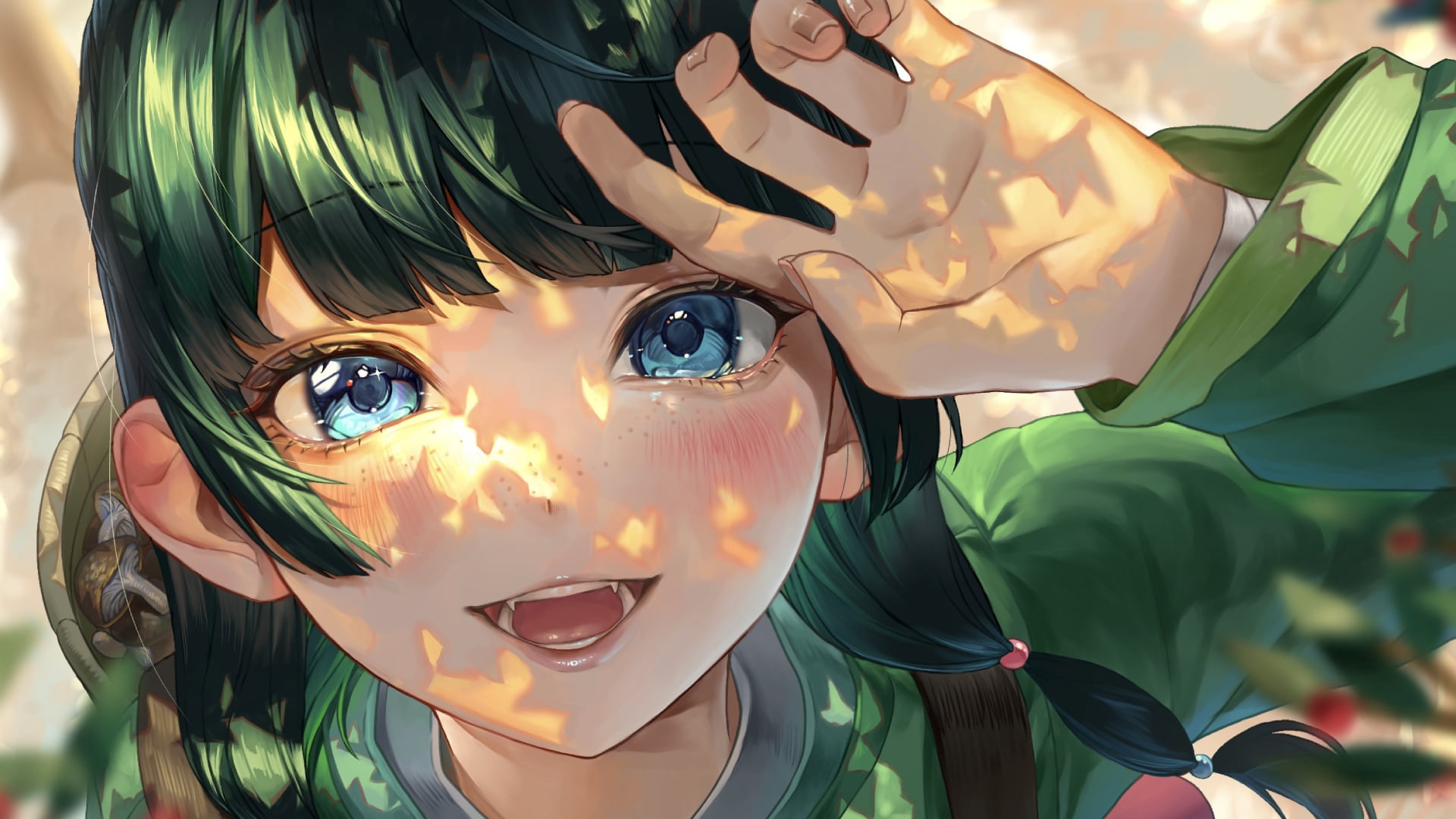 Anime 1920x1080 blue eyes anime girls green hair Maomao The Apothecary Diaries ReA looking at viewer closeup open mouth long hair sunlight dappled sunlight blushing leaves face fangs teeth freckles