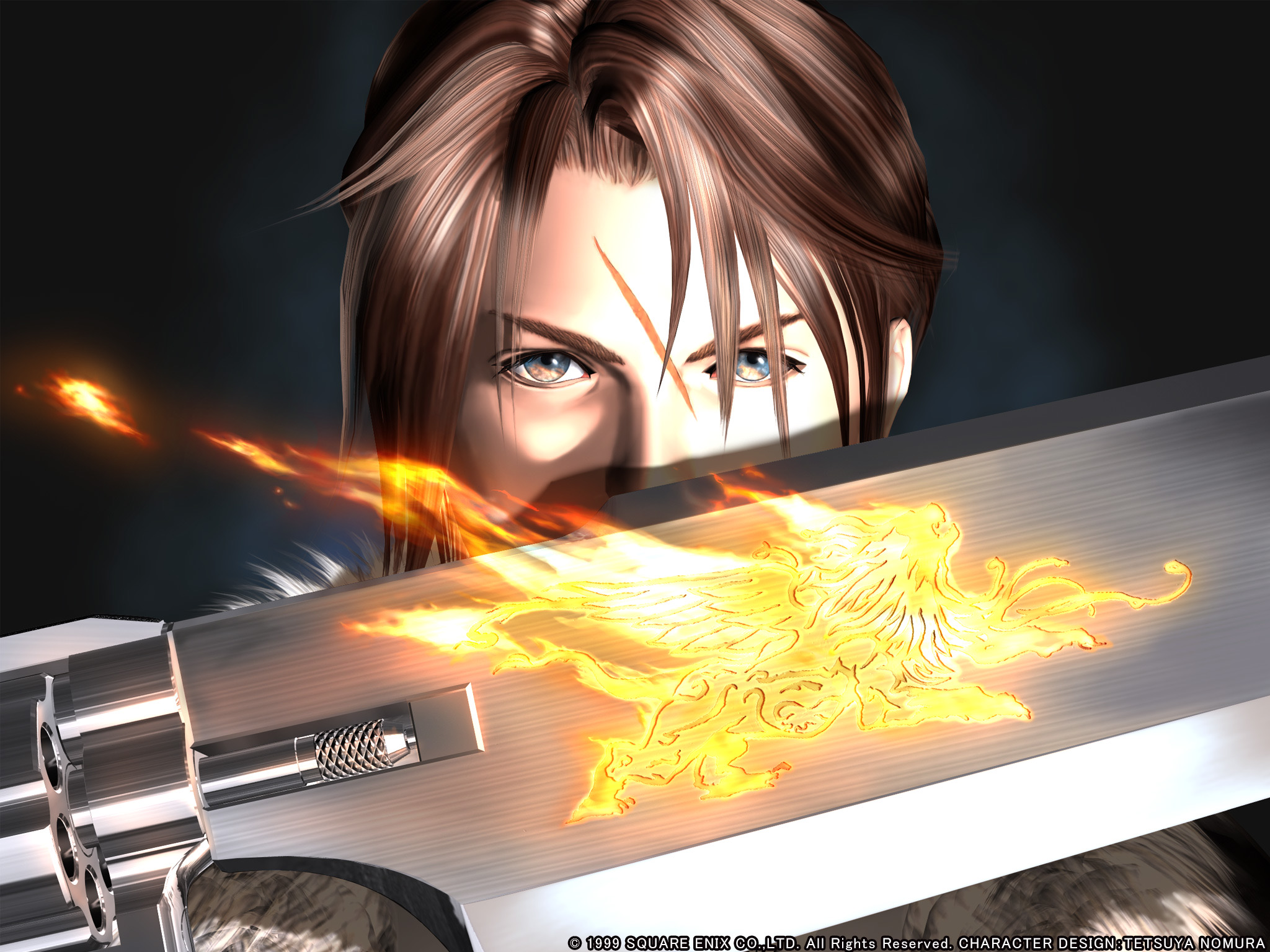 General 2048x1536 Squall Leonhart fire Gunblade Final Fantasy VIII digital art closeup watermarked 1999 (Year) Square Enix video games sword looking at viewer brunette covering mouth men with swords scars brown eyes Final Fantasy video game men face video game characters CGI