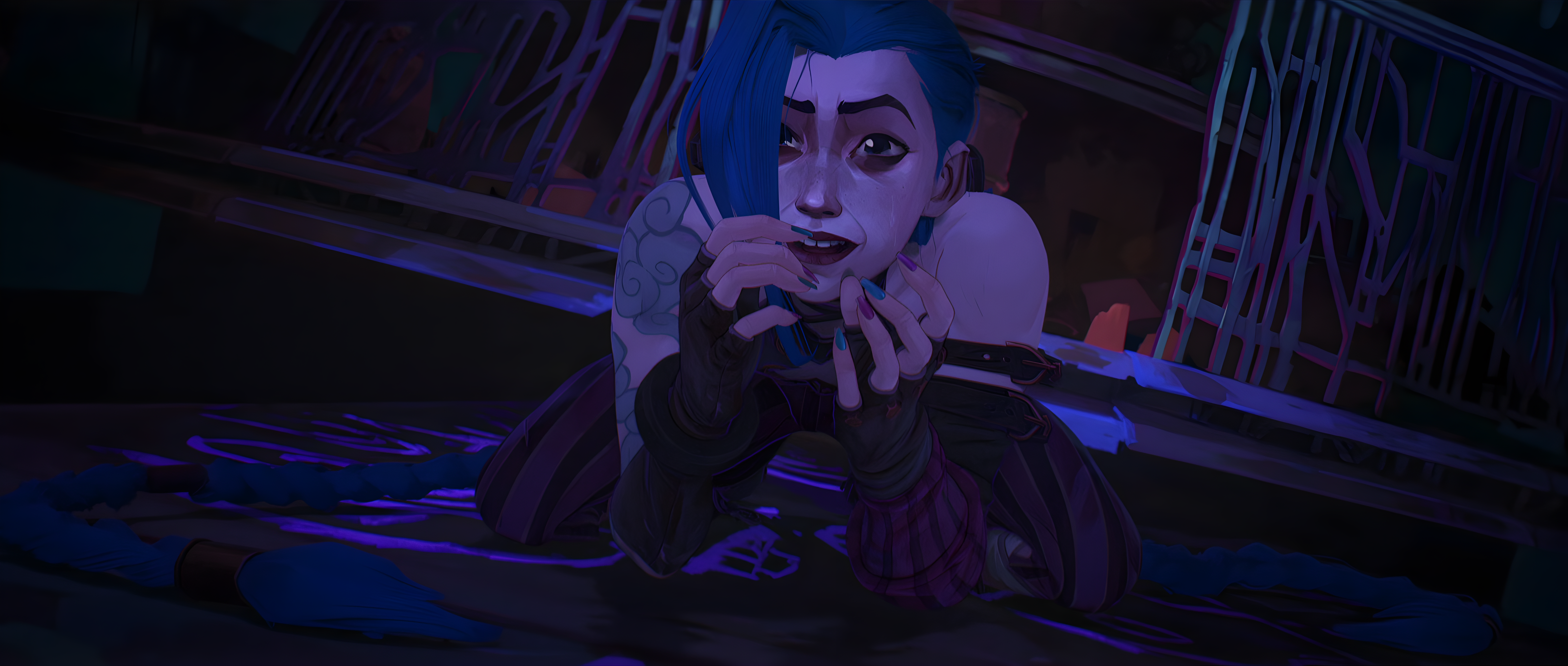 General 7680x3265 Jinx (League of Legends) League of Legends Arcane (League of Legends) Netflix TV Series TV series video game characters digital art parted lips multi-colored nails teeth on the ground blue hair looking away