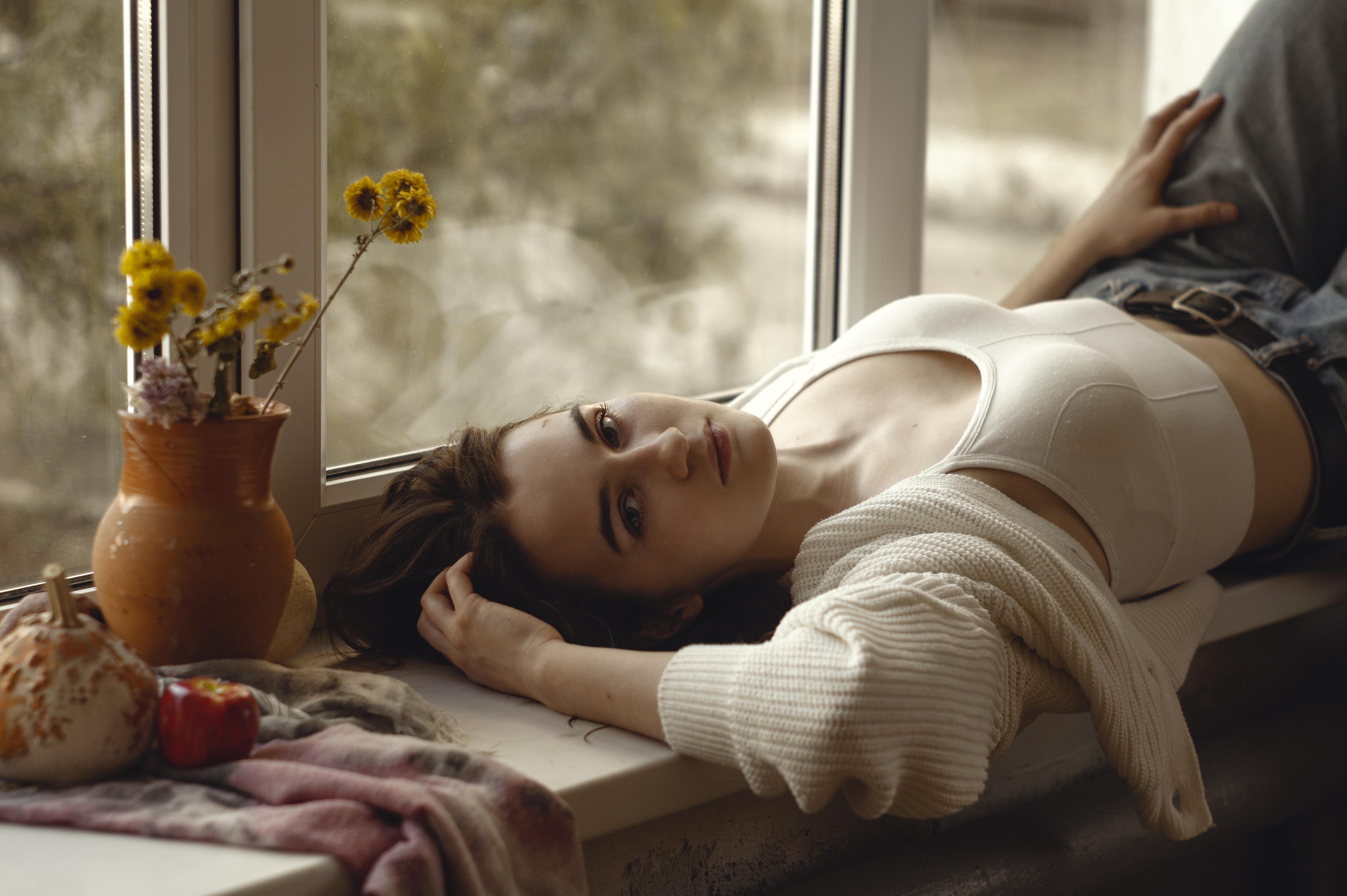 People 3500x2328 model red lipstick white sweater open sweater white tops jeans lying on back by the window hands in hair looking at viewer women brunette women indoors sports bra