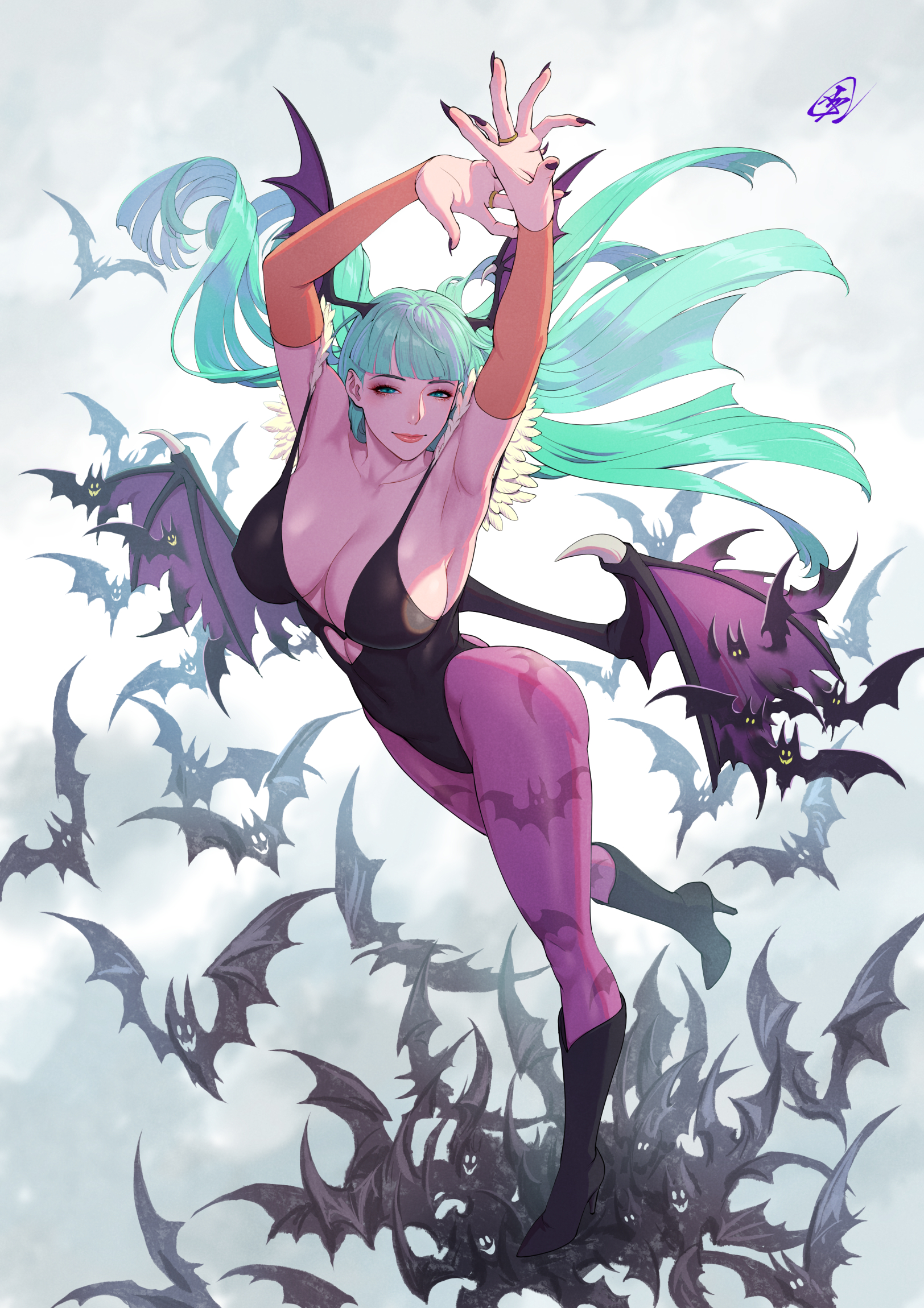 Anime 1624x2300 Darkstalkers big boobs video game girls leotard Morrigan Aensland wings bat wings black leotard purple pantyhose arms up simple background bats looking at viewer armpits clothing cutout smiling turquoise hair pantyhose black boots aqua eyes standing on one leg boots fujii eishun nail polish succubus closed mouth portrait display signature