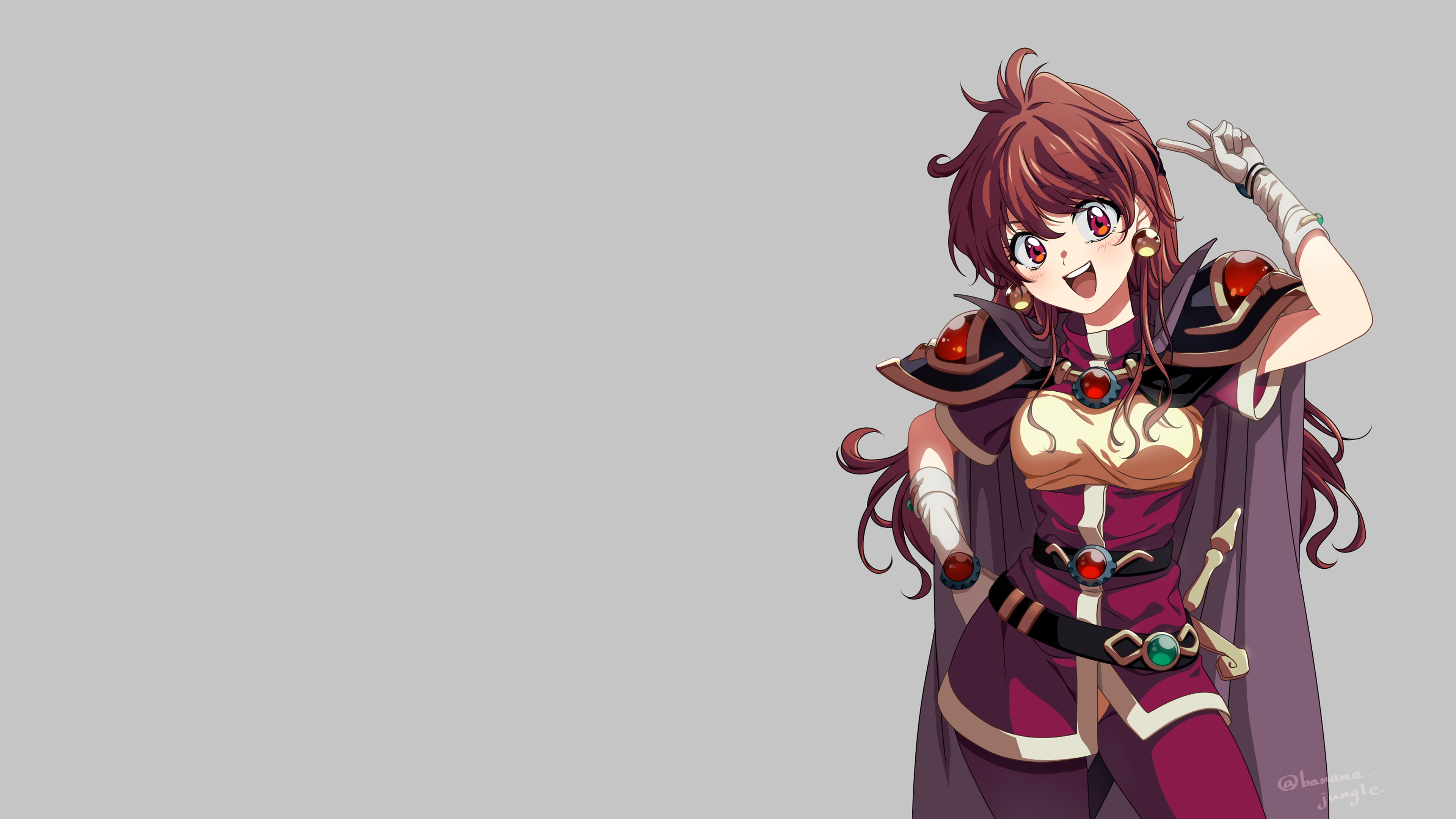 Anime 3840x2160 anime anime girls Slayers bangs blunt bangs long hair shoulder pads Lina Inverse weapon sword jewel jewelry wizard Mages redhead red eyes peace sign gray background simple background