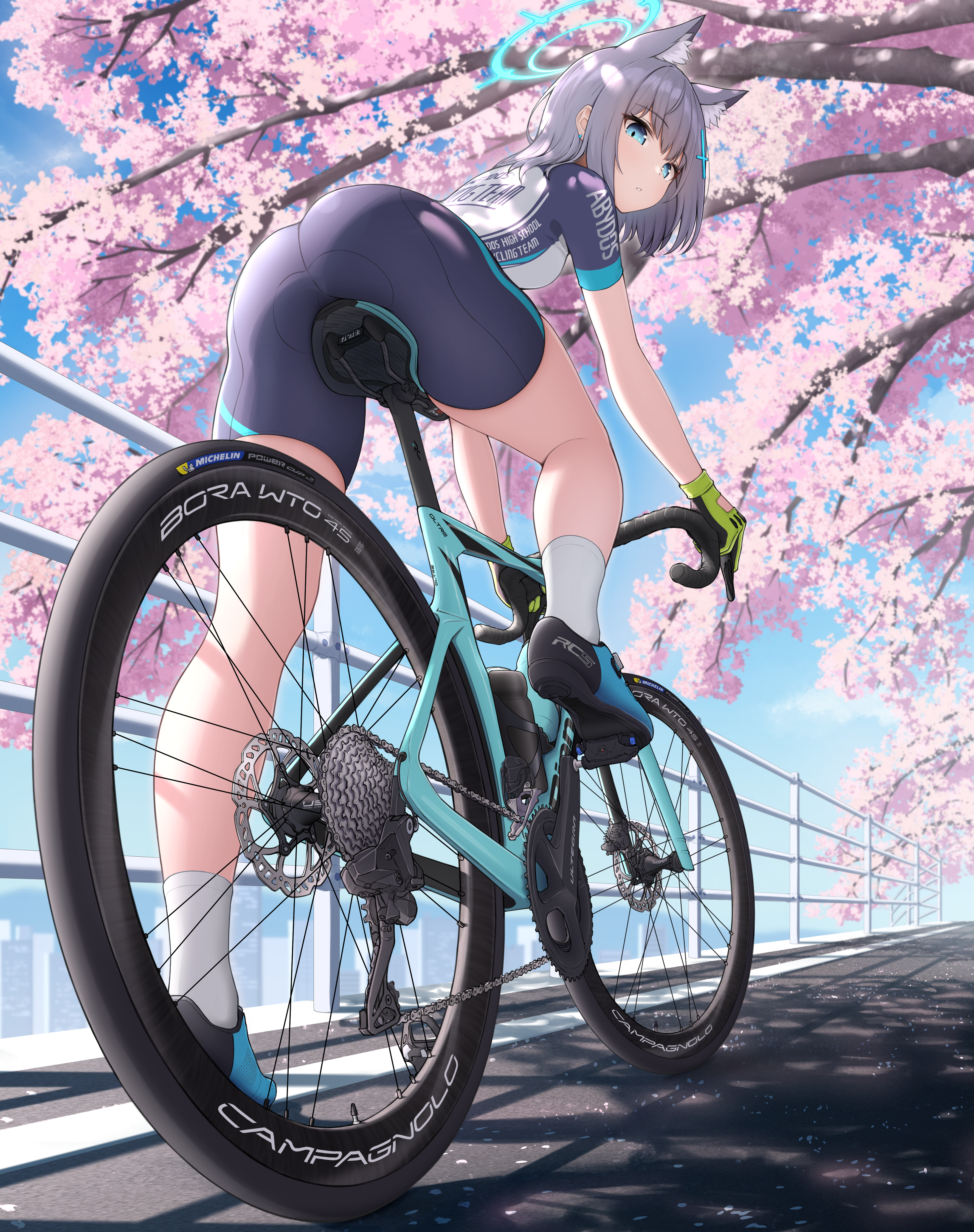Anime 3550x4490 Blue Archive bike shorts portrait display bicycle Shiroko (Blue Archive) ass looking back low-angle cherry blossom bent over looking at viewer gloves animal ears biker girl wolf ears hair ornament women outdoors railing blue eyes iron railing Topgear (artist) blushing dappled sunlight gray hair