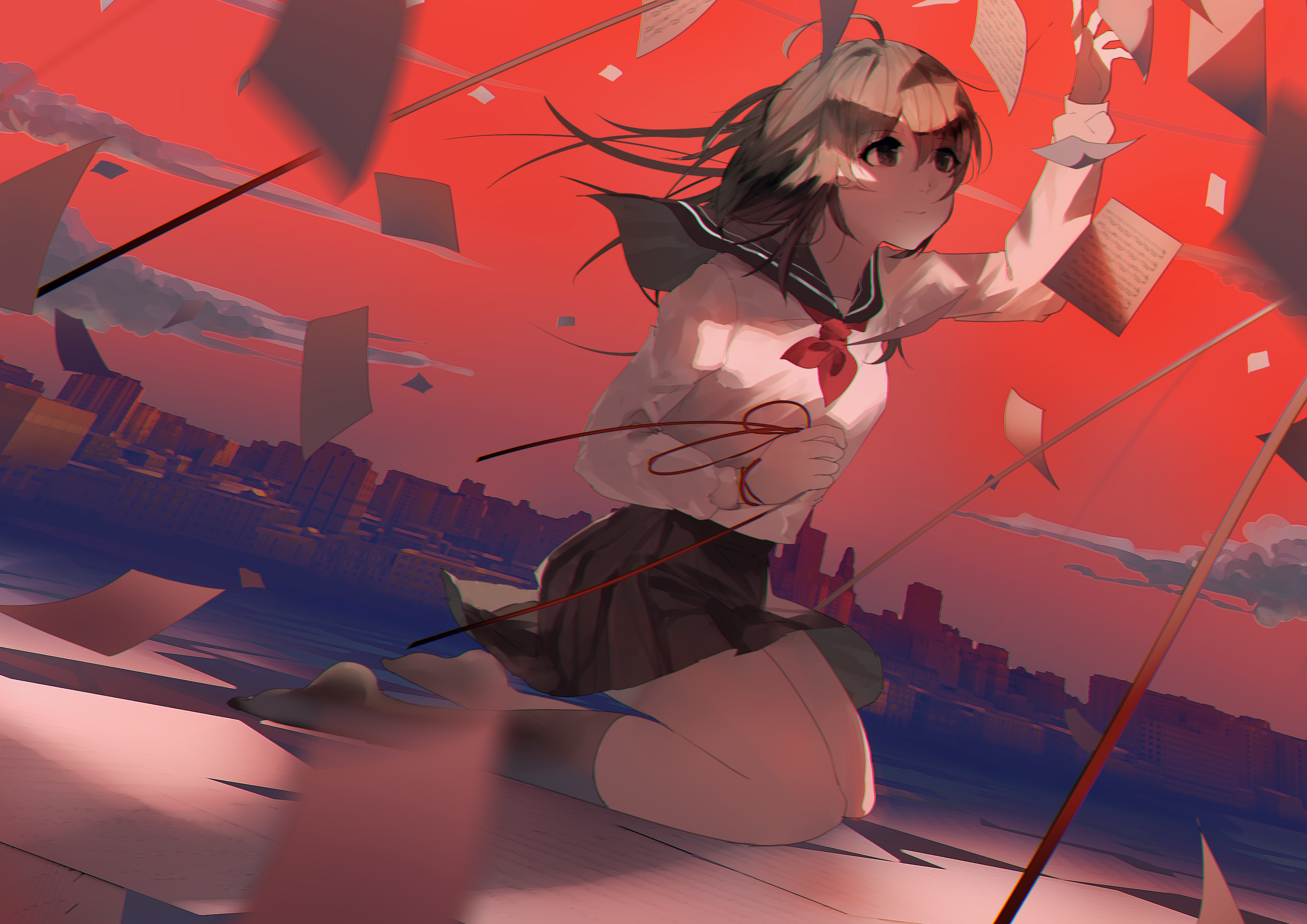 Anime 3507x2480 anime anime girls Vocaloid Yuezheng Ling school uniform city sky skirt Pixiv schoolgirl closed mouth long sleeves short hair kneeling black socks  hair between eyes socks brunette brown eyes building cityscape hair blowing in the wind wind pointed toes clouds neckerchief ahoge musical notes paper