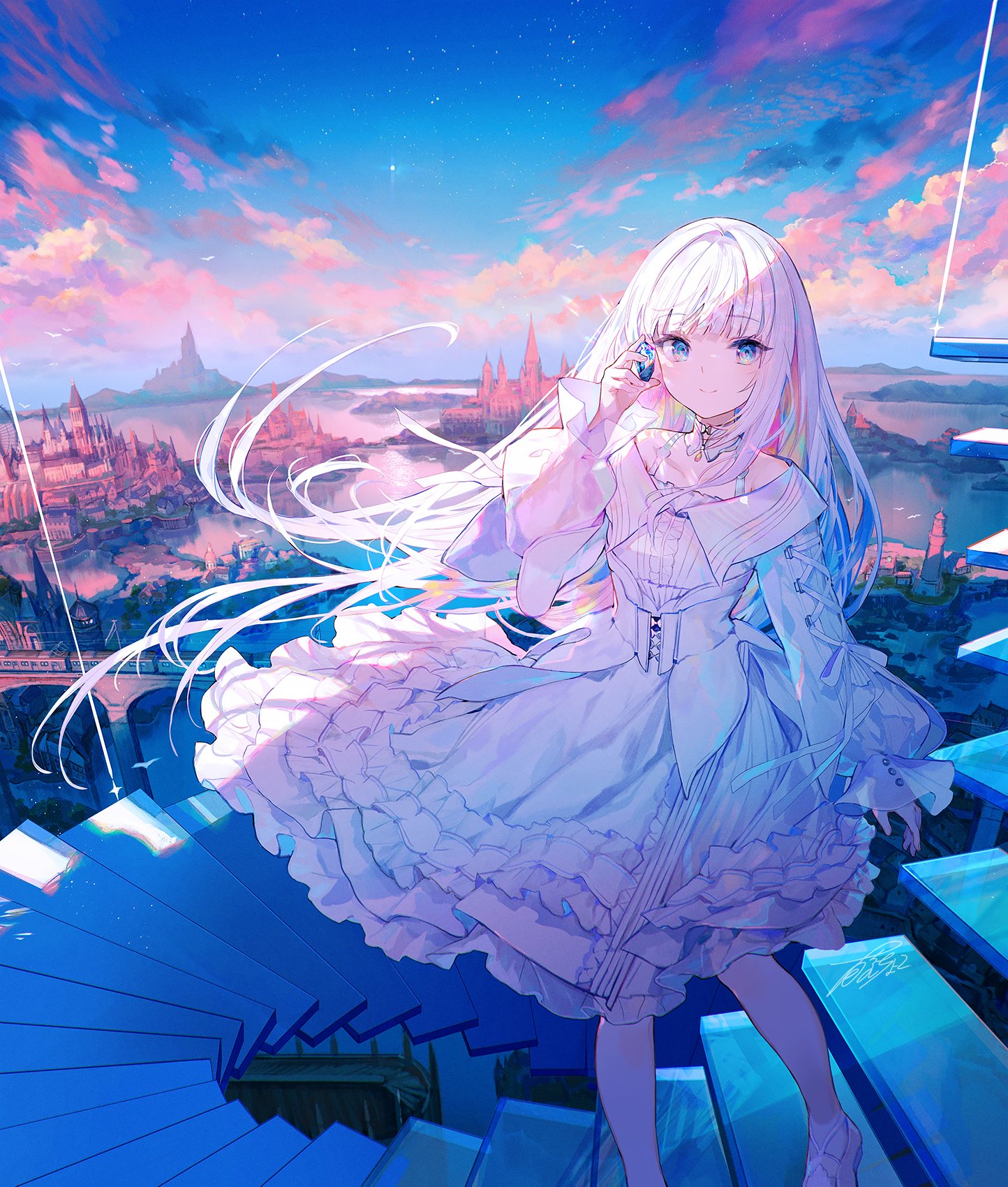 Anime 1444x1700 Fuji Choko anime anime girls Pixiv stairs white dress depth of field sky white hair clouds portrait display standing steps looking at viewer closed mouth long hair long sleeves smiling crystal  multi-colored hair multi-colored eyes frills signature bare shoulders sunlight stars