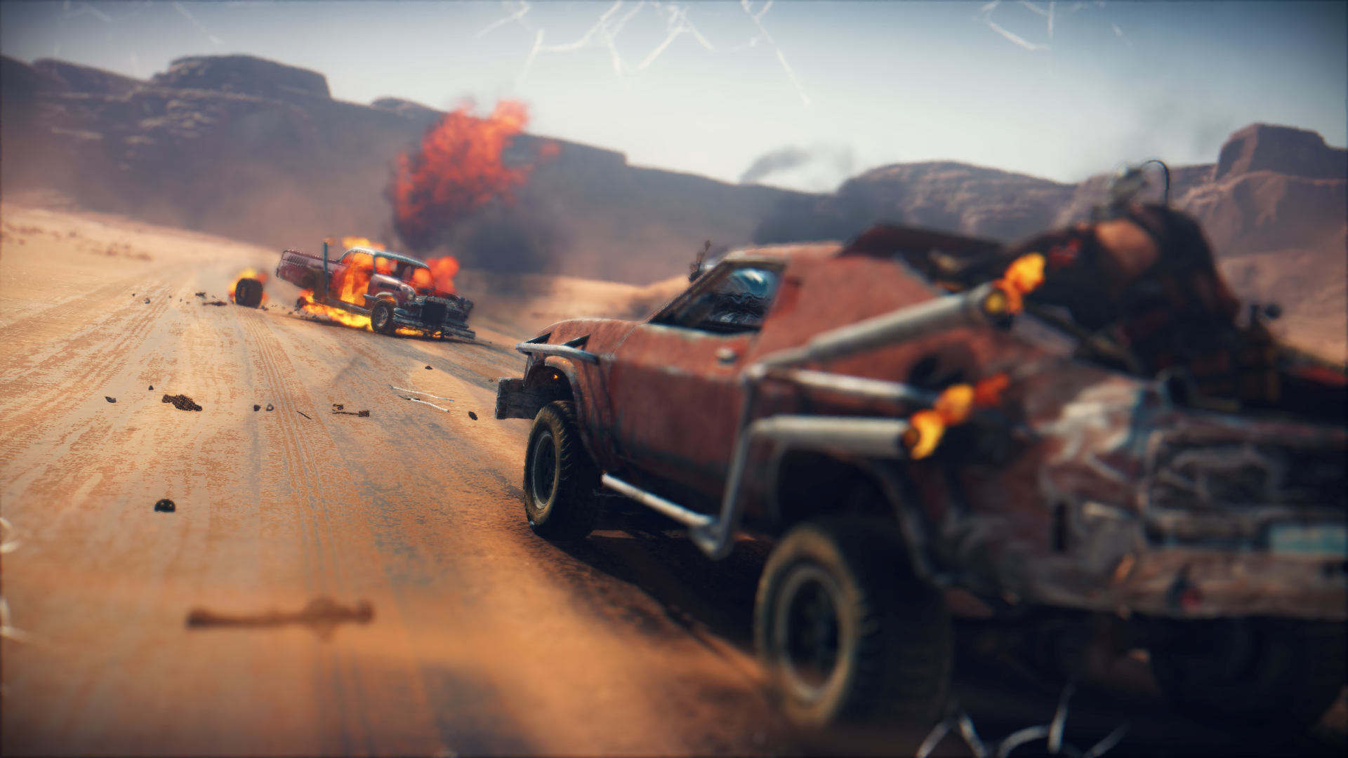 General 1920x1080 Mad Max Mad Max (game) offroad car vehicle explosion post apocalypse exhaust pipes fire video game car desert video game art screen shot CGI road driving video games depth of field sunlight