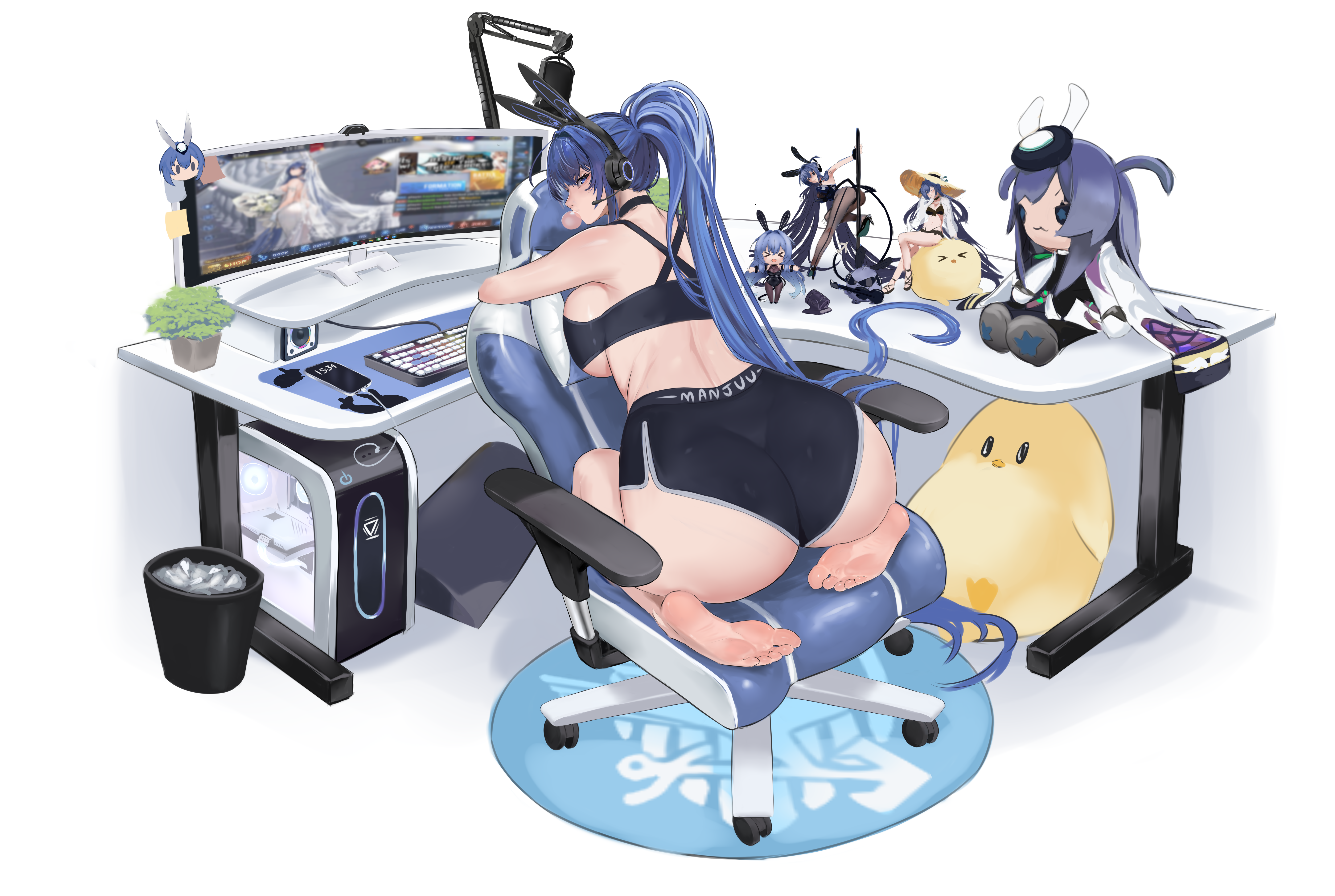 Anime 7000x4700 Azur Lane looking back New Jersey (Azur Lane) Manjuu (Azur Lane) ass looking at viewer desk white background feet simple background doll animal ears short shorts bubble gum black bras computer screen phone keyboards big boobs blue hair ponytail chibi headphones thick ass long hair smartphone shorts Chiyu1182 barefoot foot sole cellphone armchair computer