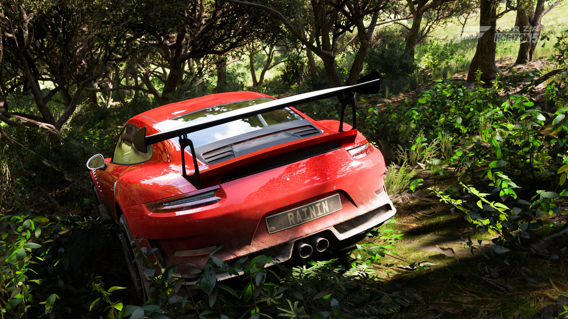 General 1920x1080 car Porsche 911 GT3 R red forest Forza Forza Horizon 5 offroad race cars modified Porsche German cars Xbox Game Studios trees red cars nature licence plates rear view vehicle Volkswagen Group PlaygroundGames sunlight watermarked taillights