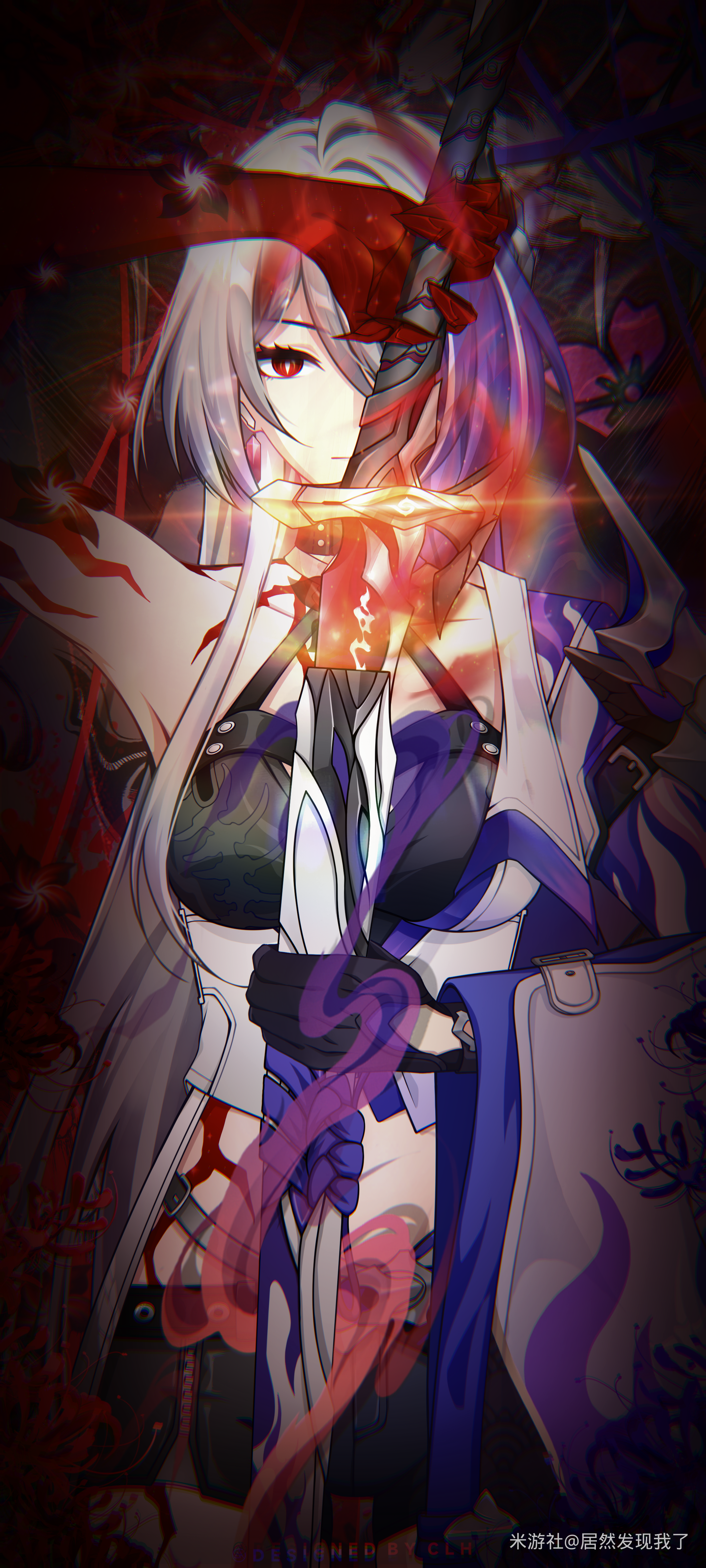 Anime 2160x4800 Acheron (Honkai: Star Rail) Honkai: Star Rail weapon anime girls long hair sword women with swords portrait display standing one eye obstructed gloves black gloves wide sleeves watermarked red eyes closed mouth armpits