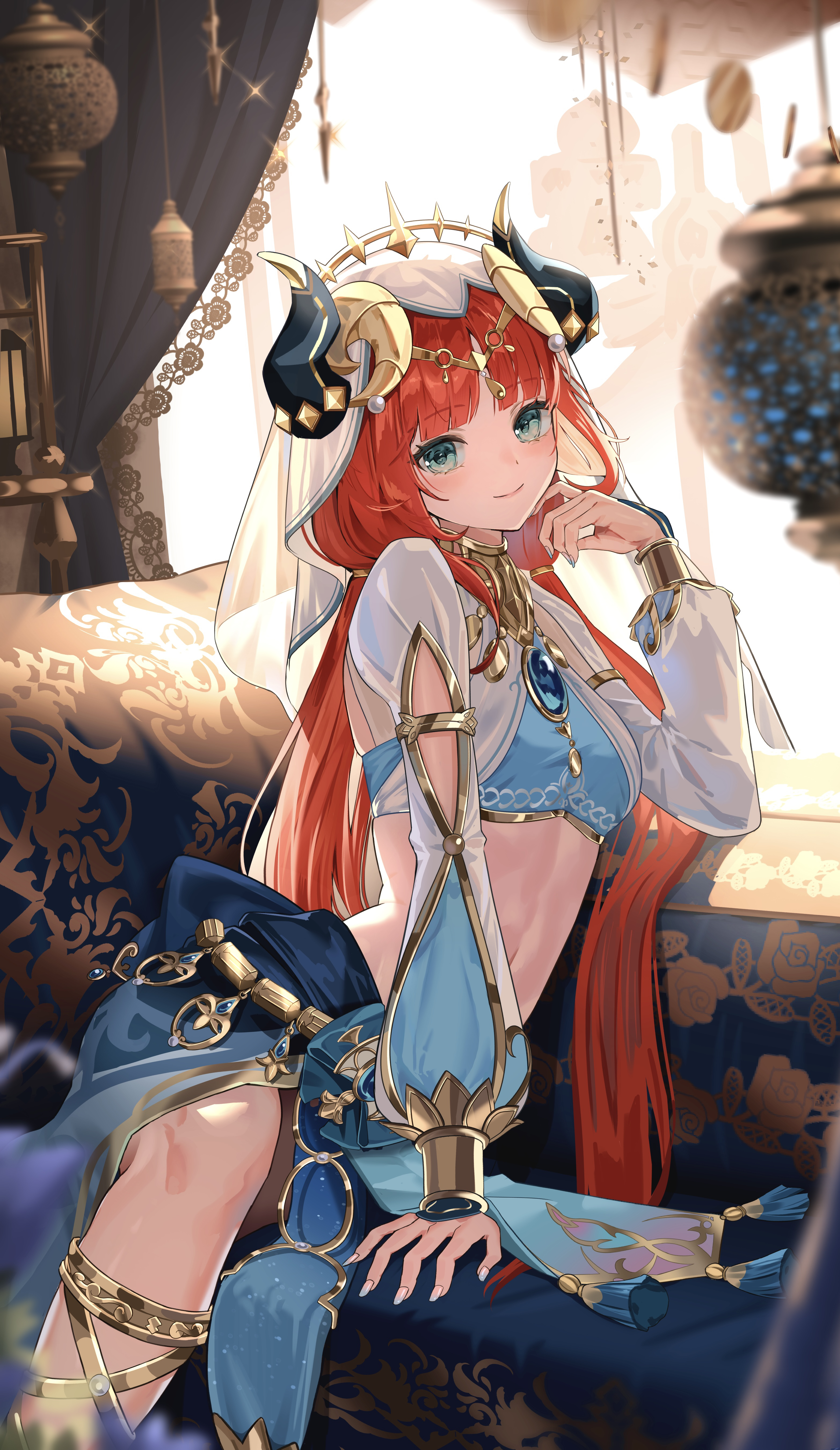 Anime 3129x5396 Nilou (Genshin Impact) Genshin Impact anime anime games anime girls Komiya Latte smiling looking at viewer sitting portrait display long hair closed mouth puffy sleeves one arm up blue eyes gems couch belly redhead curtains bangs twintails skirt gold-trimmed clothes bright