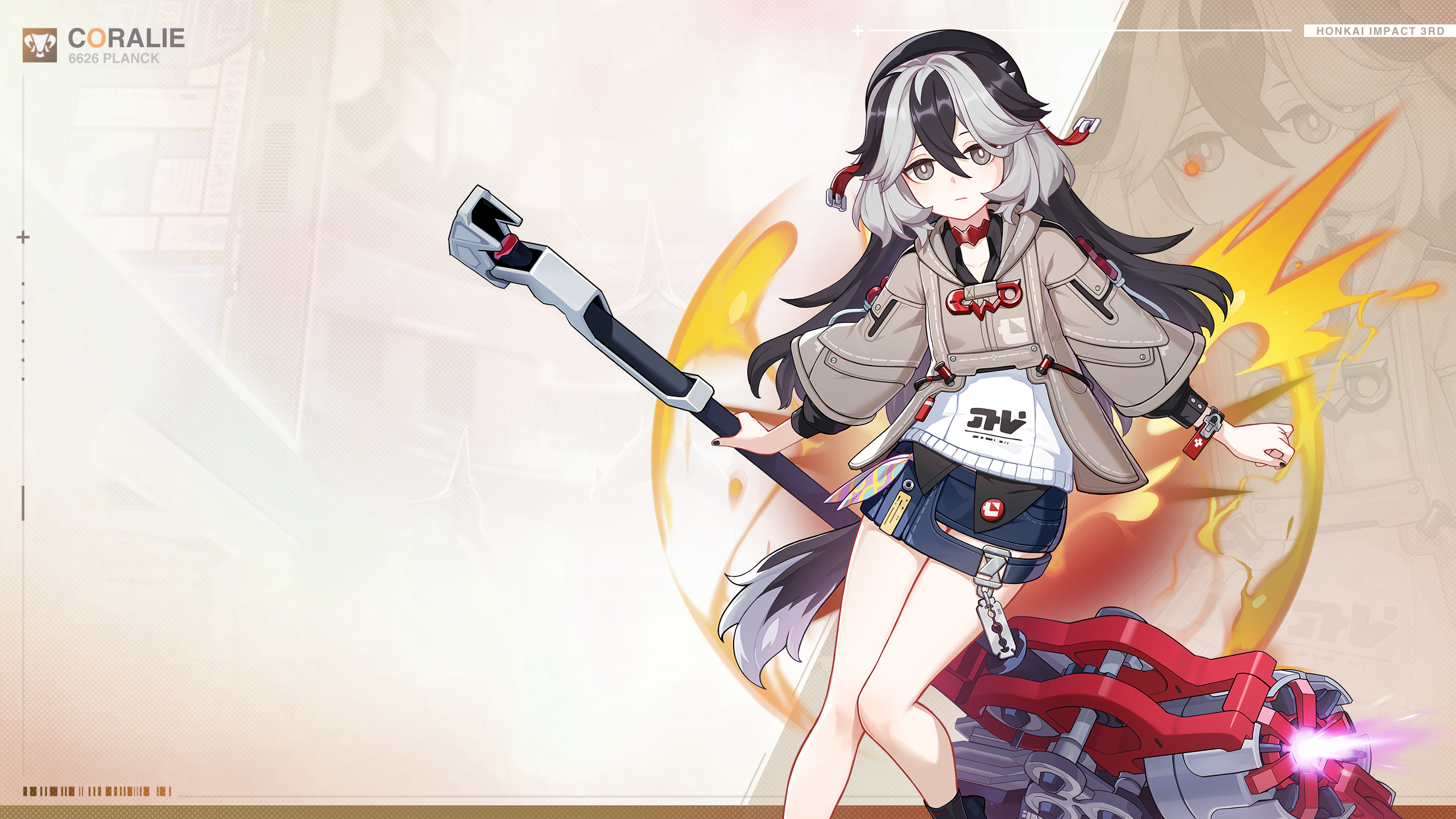 Anime 2560x1440 Honkai Impact Honkai Impact 3rd Coralie 6626 Planck (Honkai Impact 3rd) video game characters title video game girls long hair hair between eyes tail two tone hair weapon video game art legs closed mouth gray hair black nails painted nails looking at viewer skinny thighs together numbers expressionless