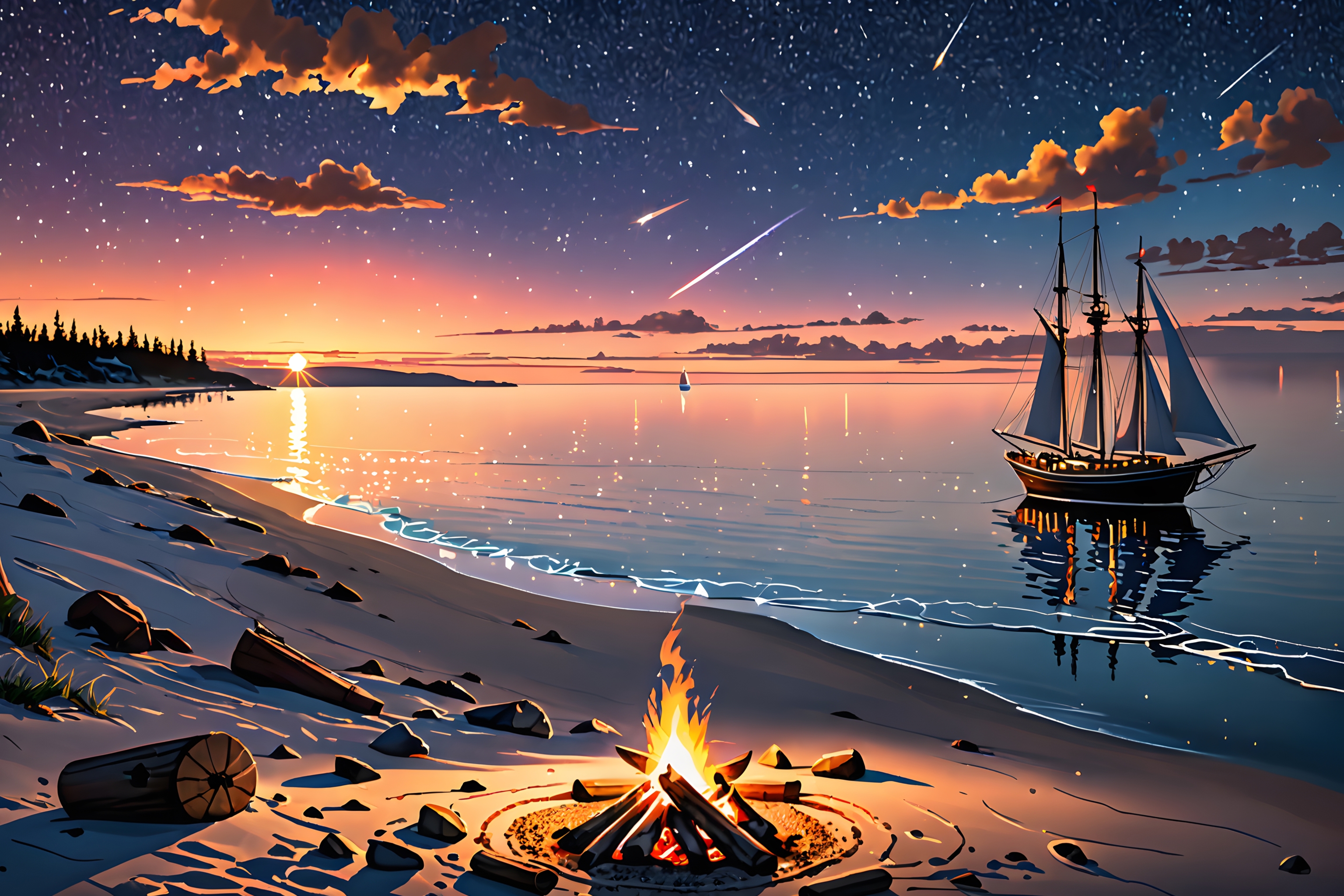 General 3072x2048 AI art ship starscape sunset campfire beach