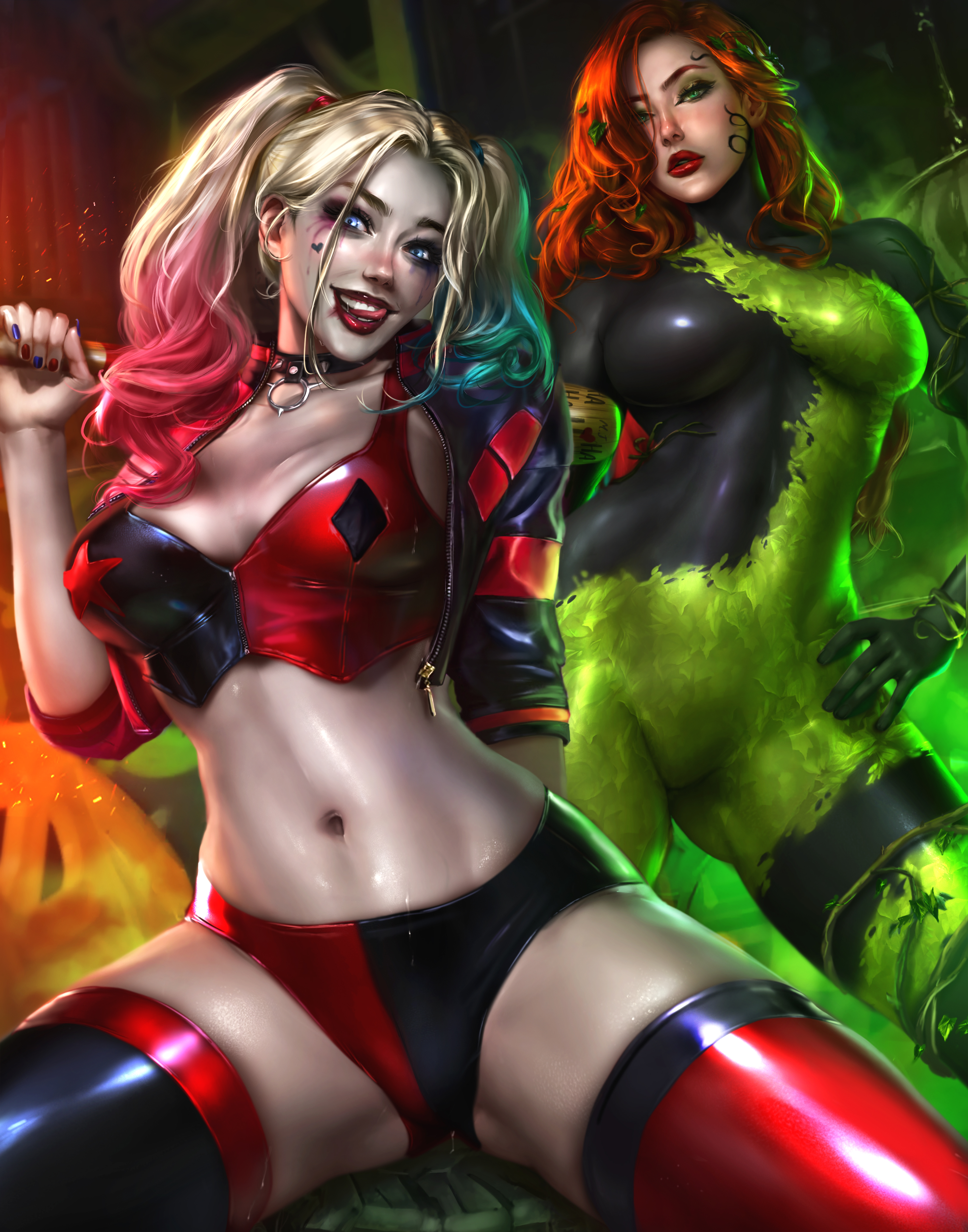 General 3249x4134 Logan Cure Poison Ivy Harley Quinn DC Comics fan art women couple portrait tongue out twintails blonde redhead blue eyes smiling looking at viewer villains red lipstick sitting standing bodysuit digital art