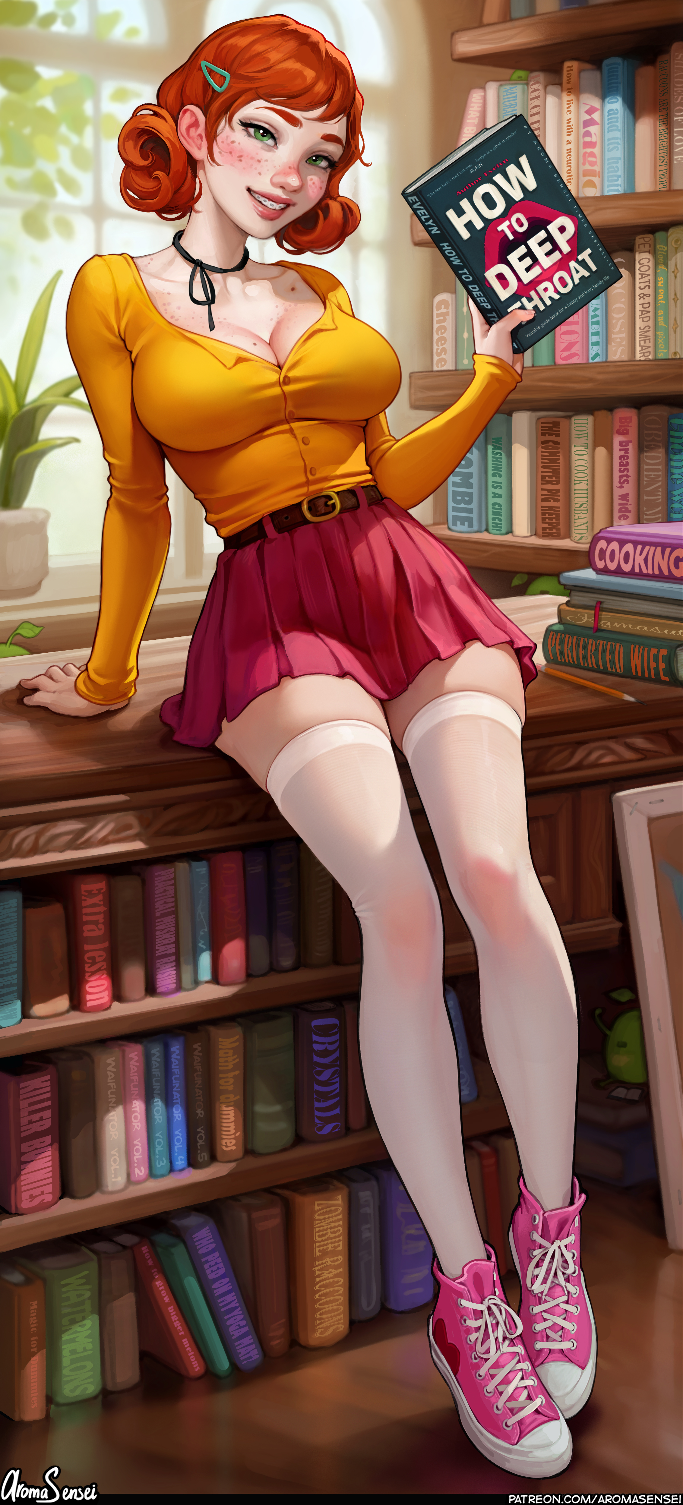 General 2265x4992 Penny (Stardew Valley) video game characters artwork drawing fan art Aroma Sensei white thigh highs sneakers pink sneakers sitting miniskirt yellow tops cleavage book in hand tiptoe big boobs freckles (body) freckles books bookshelves library watermarked video game girls skirt video games shelves blushing Stardew Valley