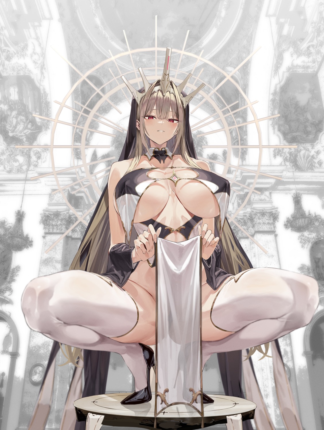 Anime 1129x1500 portrait display squatting two tone hair long hair huge breasts stockings white stockings heels high heels black heels lifting dress red eyes parted lips blushing skimpy clothes dress looking at viewer thighs Hiiragi Yuuichi thick thigh bare shoulders tiaras hard nipples choker nopan thigh-highs cleavage crown anime anime girls