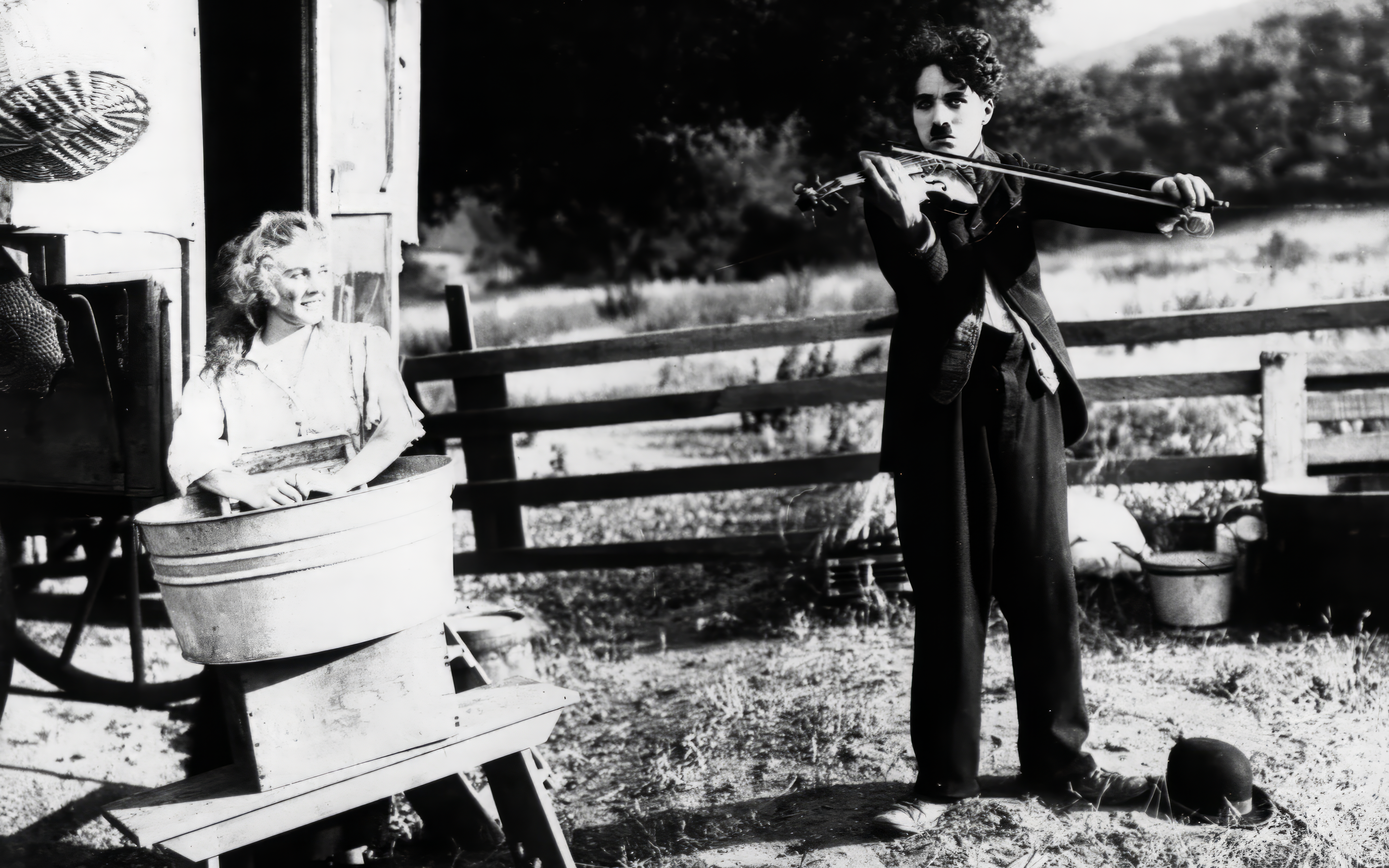 People 4378x2736 Charlie Chaplin monochrome violin looking away countryside scene movie characters
