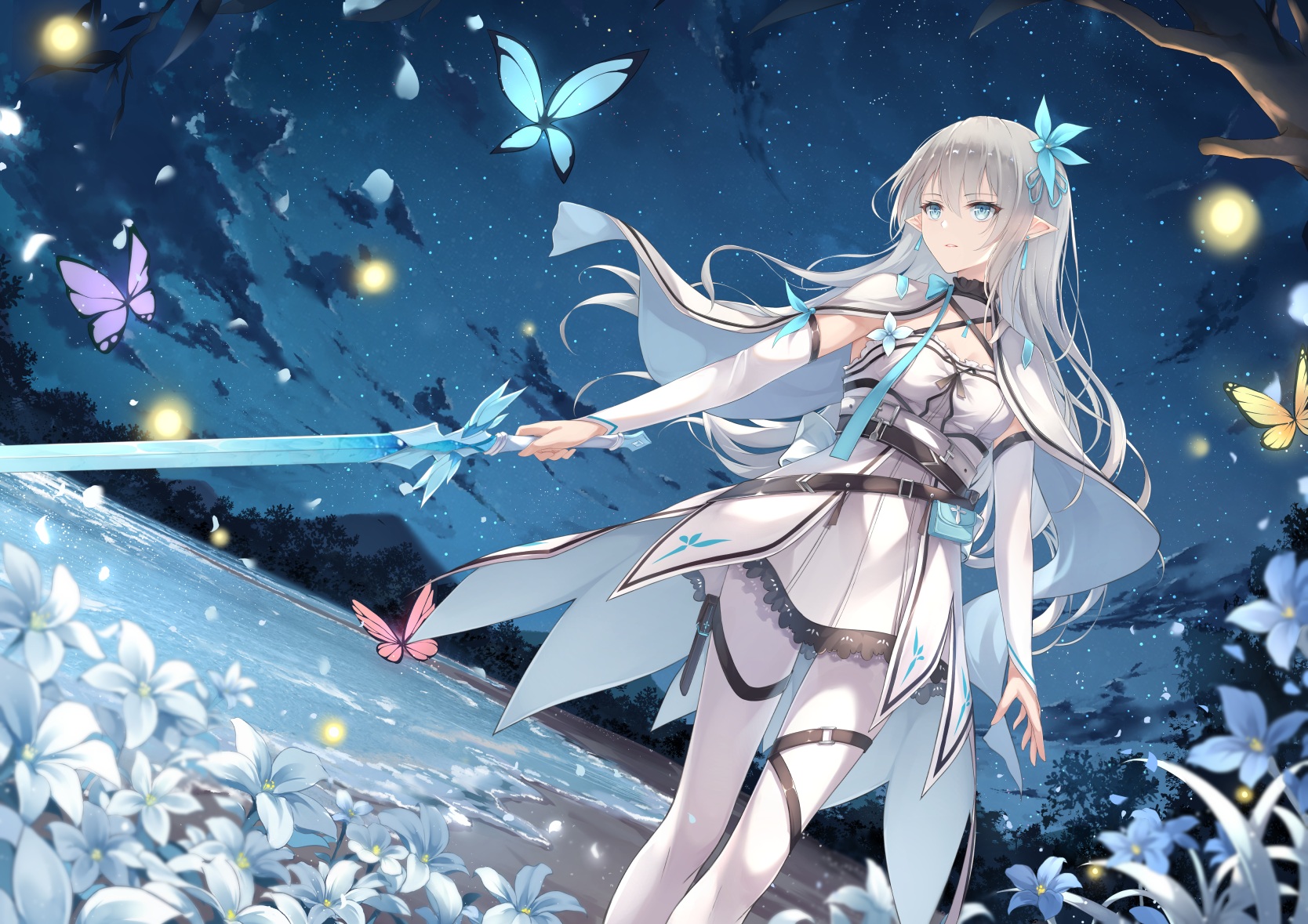 Anime 1668x1179 anime girls Fuuro original characters beach blue eyes pointy ears long hair gray hair white dress cape pantyhose butterfly white pantyhose flowers arm warmers looking away weapon sword sky night clouds dress starry night flower in hair hair ornament plants trees choker petals leaves thigh strap fireflies water