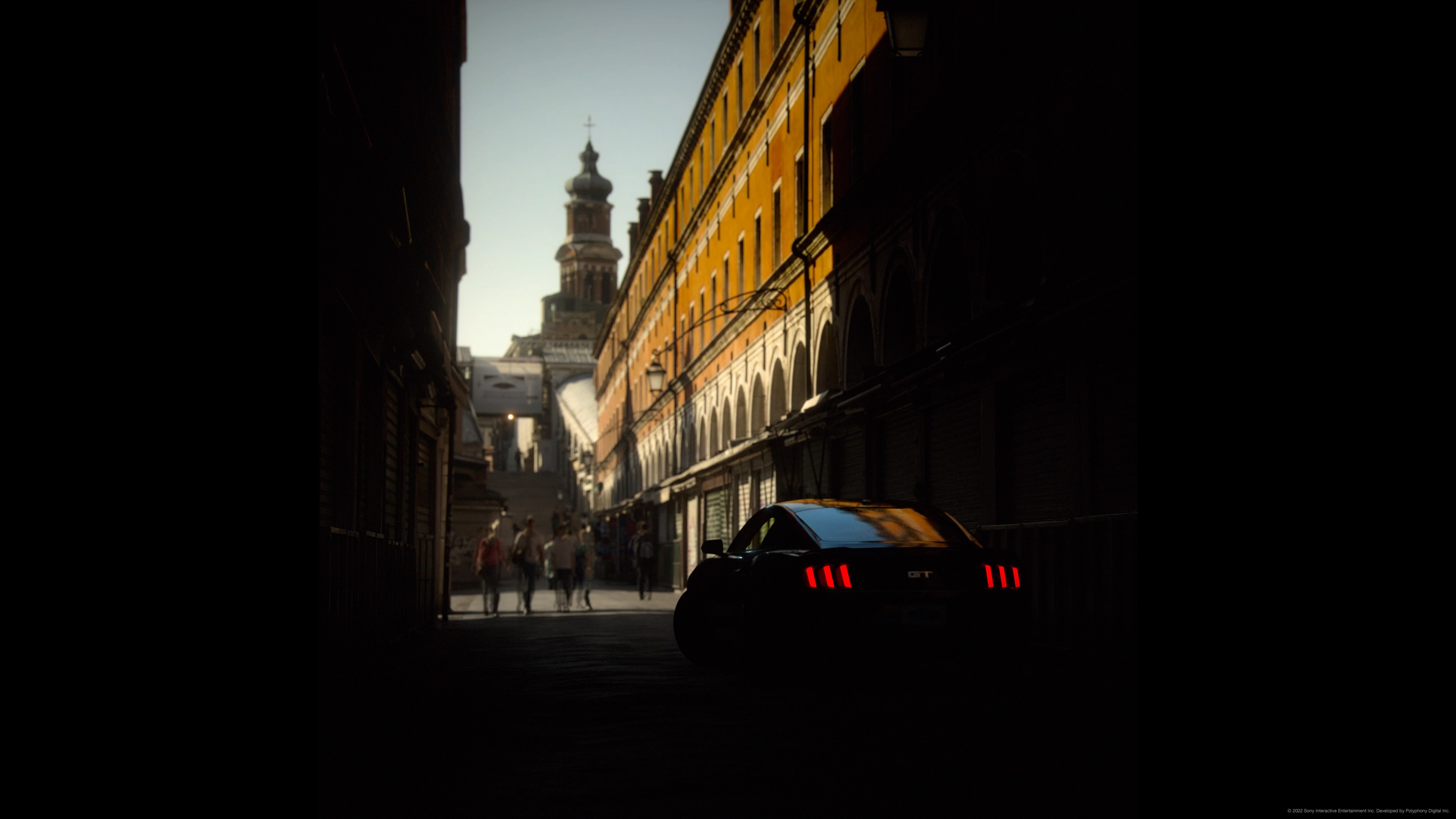 General 3840x2160 Gran Turismo car race cars video games street art Gran Turismo 7 Polyphony Digital Italy Ford Ford Mustang 2019 people red light muscle cars black cars cityscape Grand Canal taillights building simple background minimalism