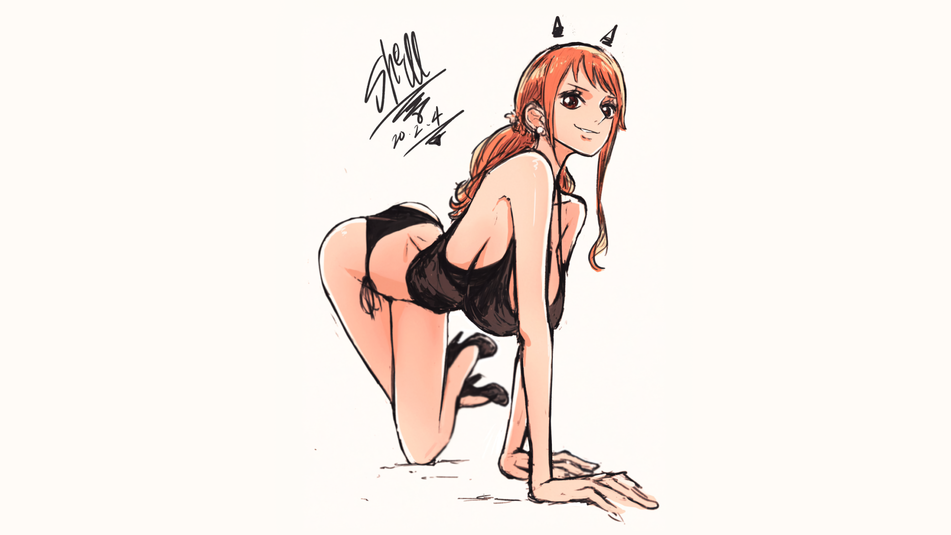 Anime 3072x1728 Shellmaru One Piece Nami simple background hanging boobs bent over looking at viewer anime girls minimalism white background heels redhead