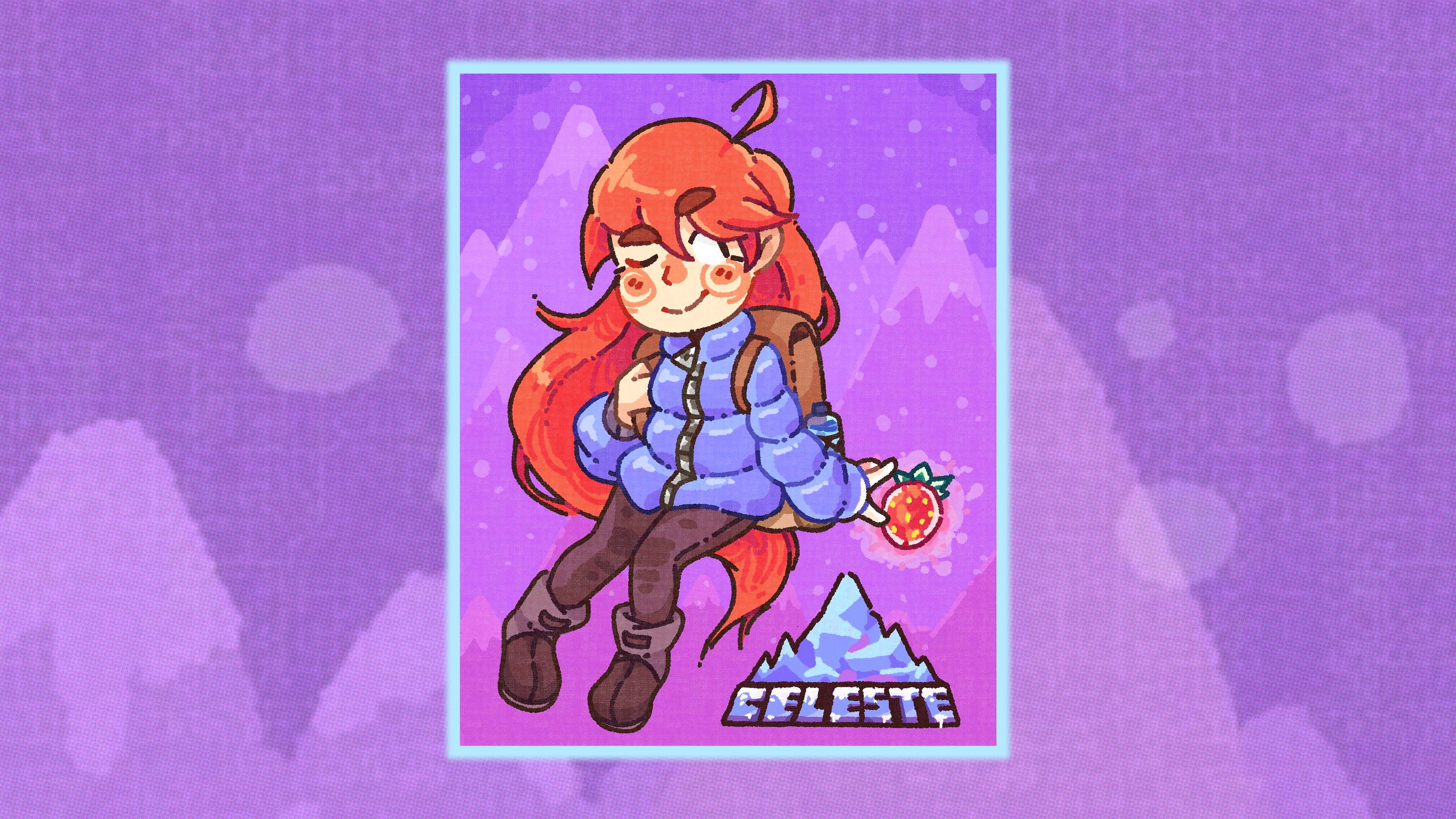 General 3840x2160 Celeste (Game) Madeline strawberries redhead boots mountains backpacks wink blushing smiling jacket video games video game girls snow snow covered snow coat long hair bangs minimalism digital art simple background cold