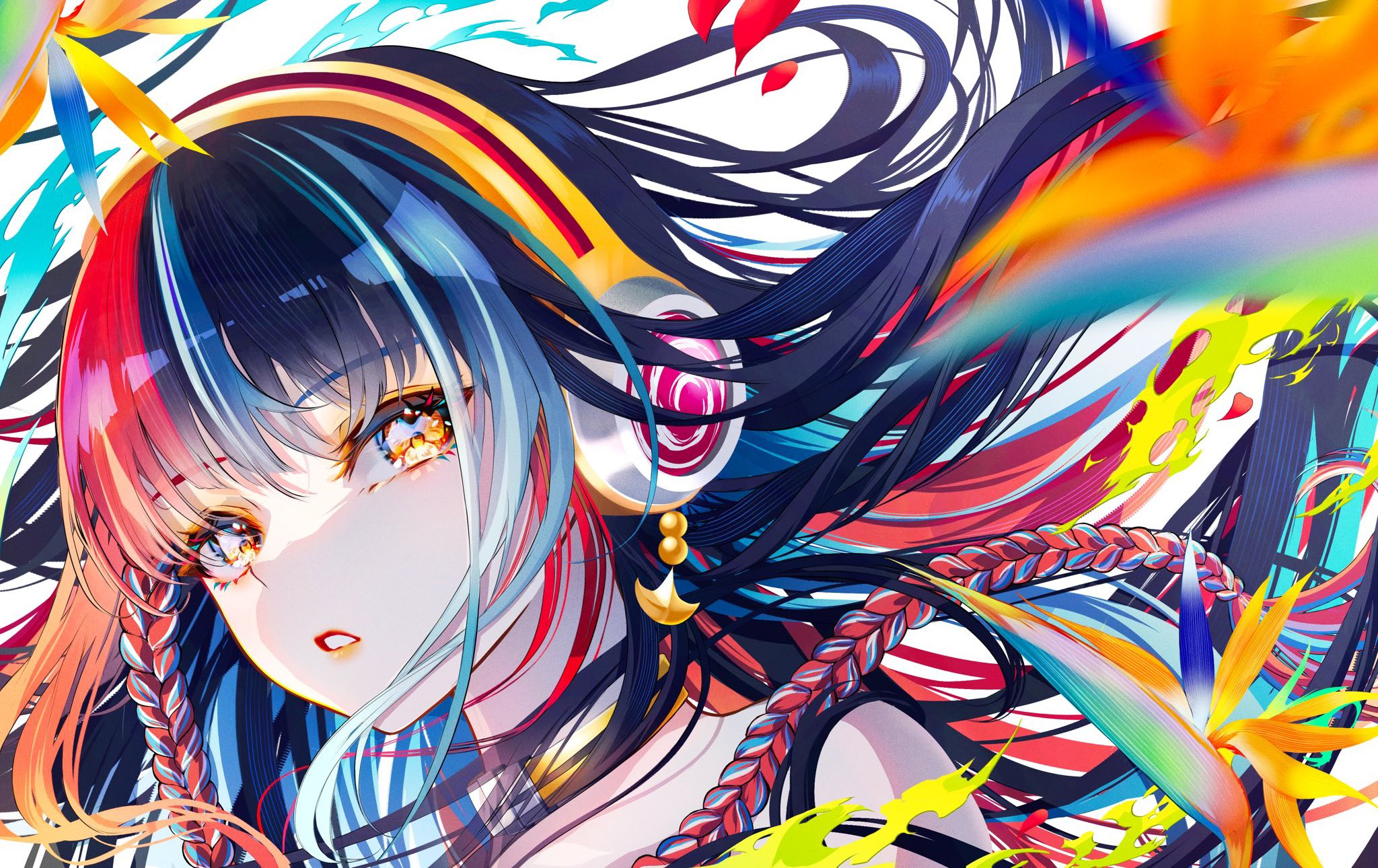 Anime 2048x1290 long hair blue eyes braids headphones flower in hair anime girls multi-colored hair