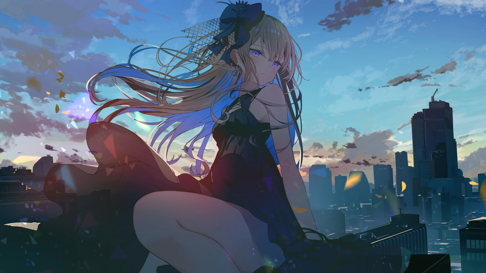 Anime 1920x1080 anime girls long hair blonde purple eyes dress black dress city building sky sunrise looking away clouds