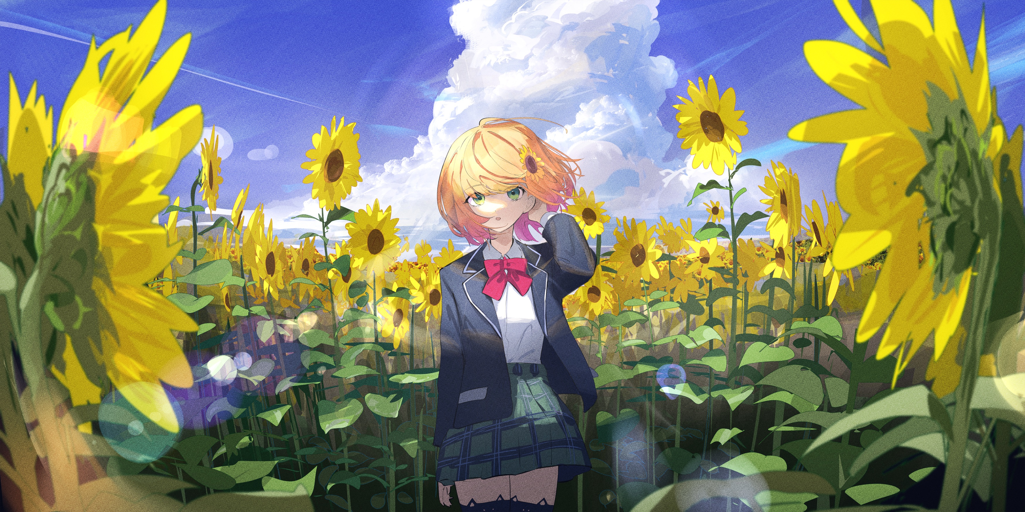 Anime 3500x1750 anime anime girls schoolgirl school uniform flowers bow tie looking at viewer clouds skirt flower in hair sunflowers sunlight Pixiv Honma Himawari Nijisanji Virtual Youtuber
