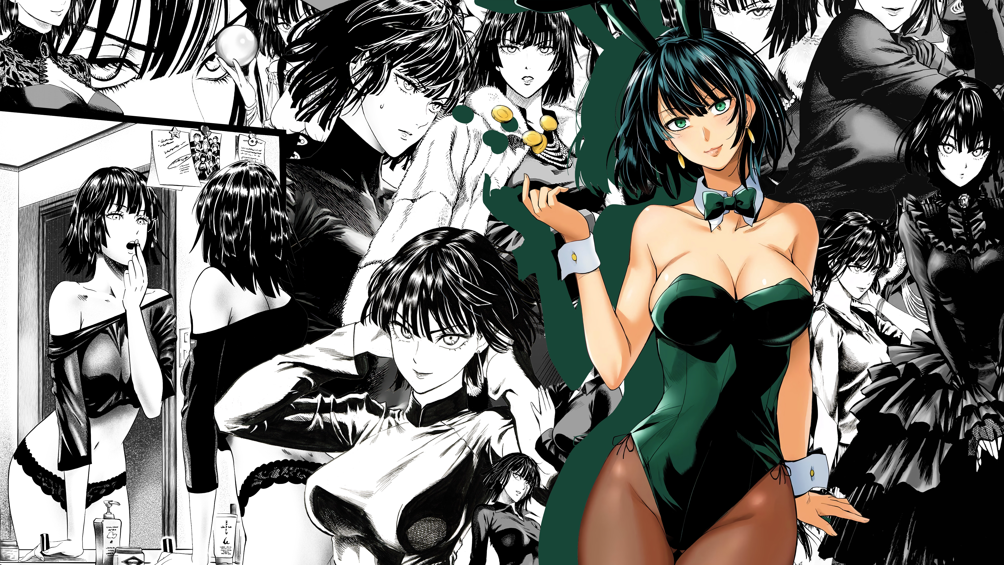 Anime 3840x2160 One-Punch Man Fubuki anime girls manga bunny suit bunny ears bow tie cleavage pantyhose big boobs looking at viewer coins earring