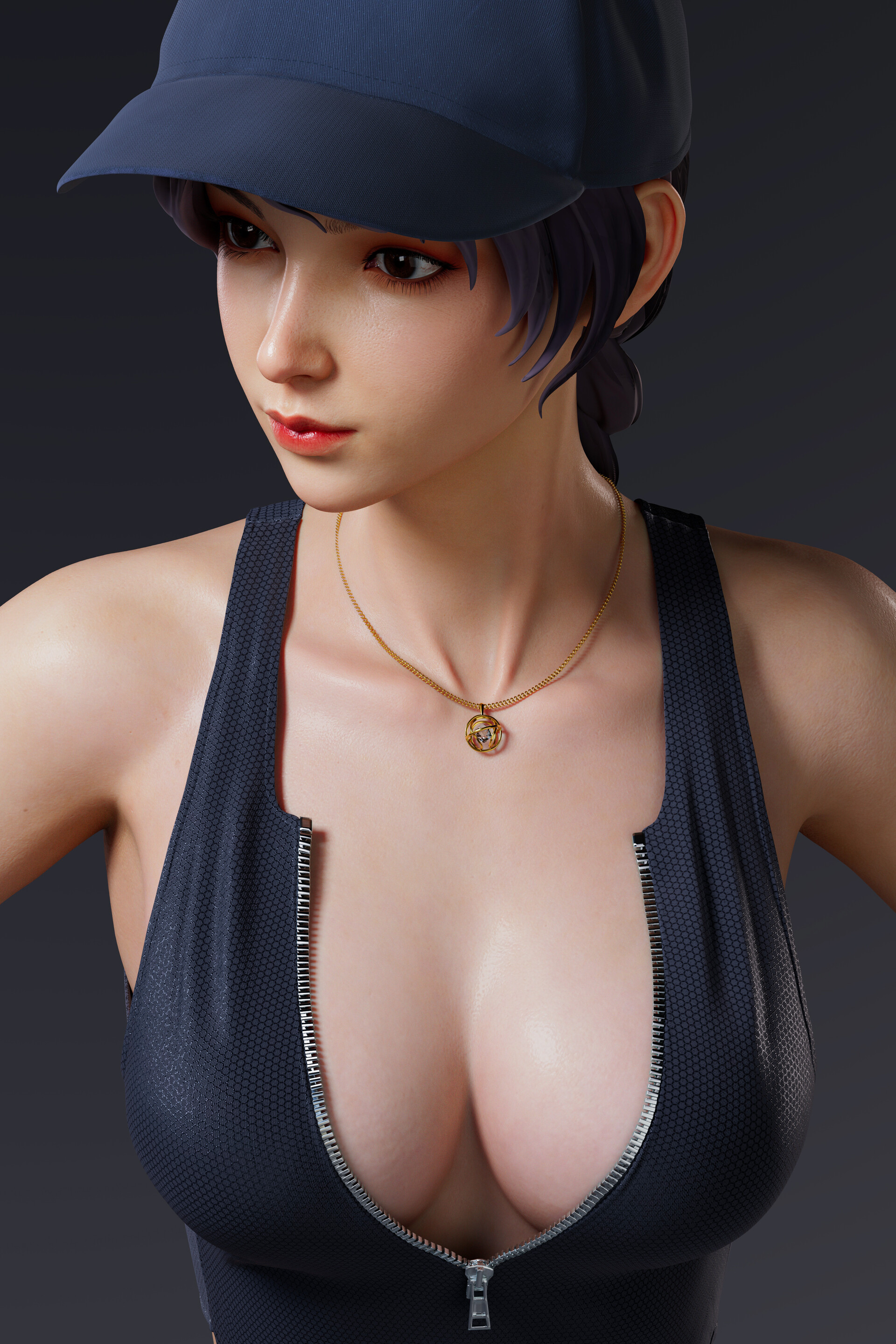 General 1920x2880 Zhang Fuzeng CGI women baseball cap blue hair cleavage zipper simple background portrait display hat no bra necklace