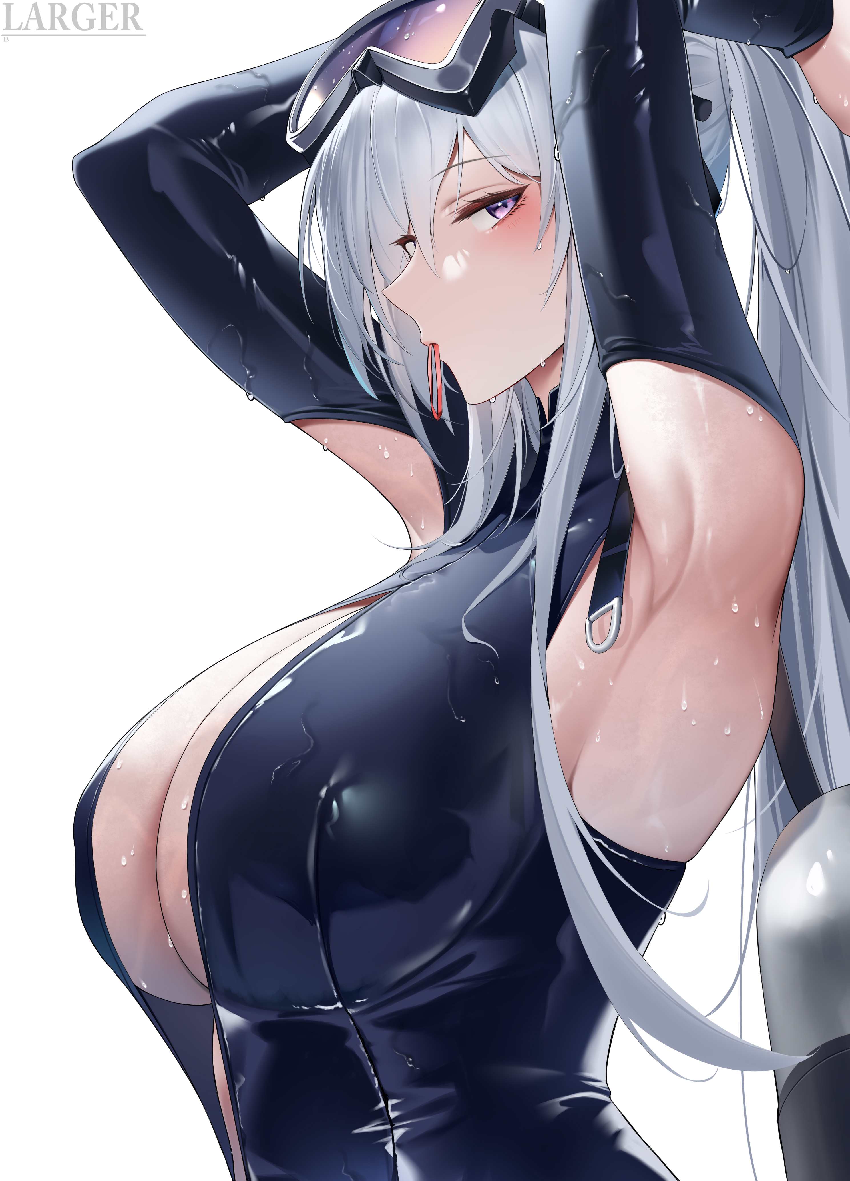 Anime 2977x4134 Azur Lane huge breasts portrait display anime girls simple background wet white background arms up minimalism wet body wet swimsuit long hair Larger B silver hair ponytail diving suits blushing purple eyes hands in hair profile watermarked gray hair looking at viewer goggles swimming goggles armpits Enterprise (Azur Lane) cleavage cutout