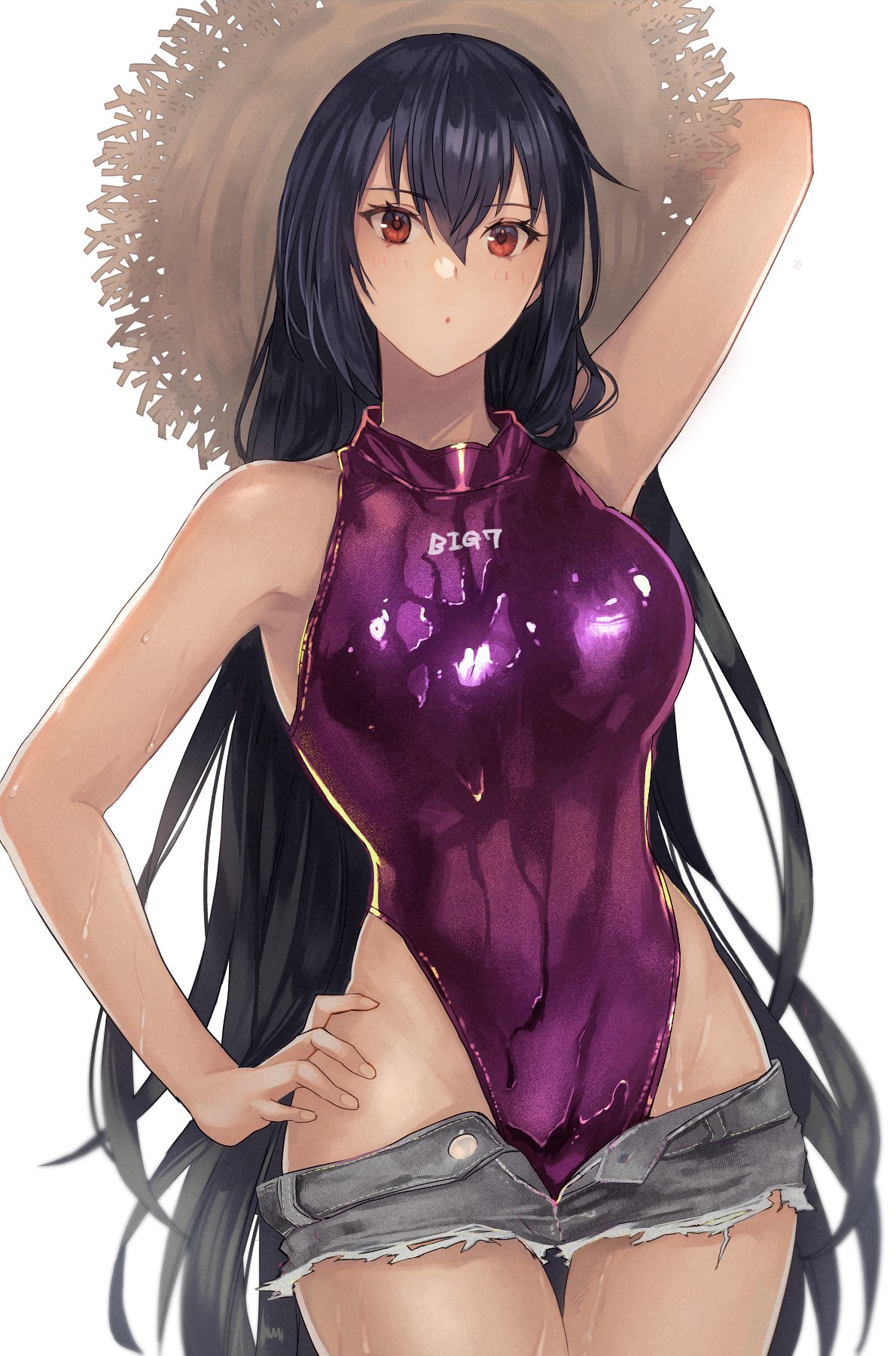 Anime 1190x1800 Kantai Collection red eyes anime girls portrait display Nagato (KanColle) shorts one-piece swimsuit wet simple background thighs white background hat minimalism straw hat black hair wet swimsuit purple swimsuit long hair skchkko looking at viewer hand(s) on head blushing one arm up jean shorts open shorts big boobs