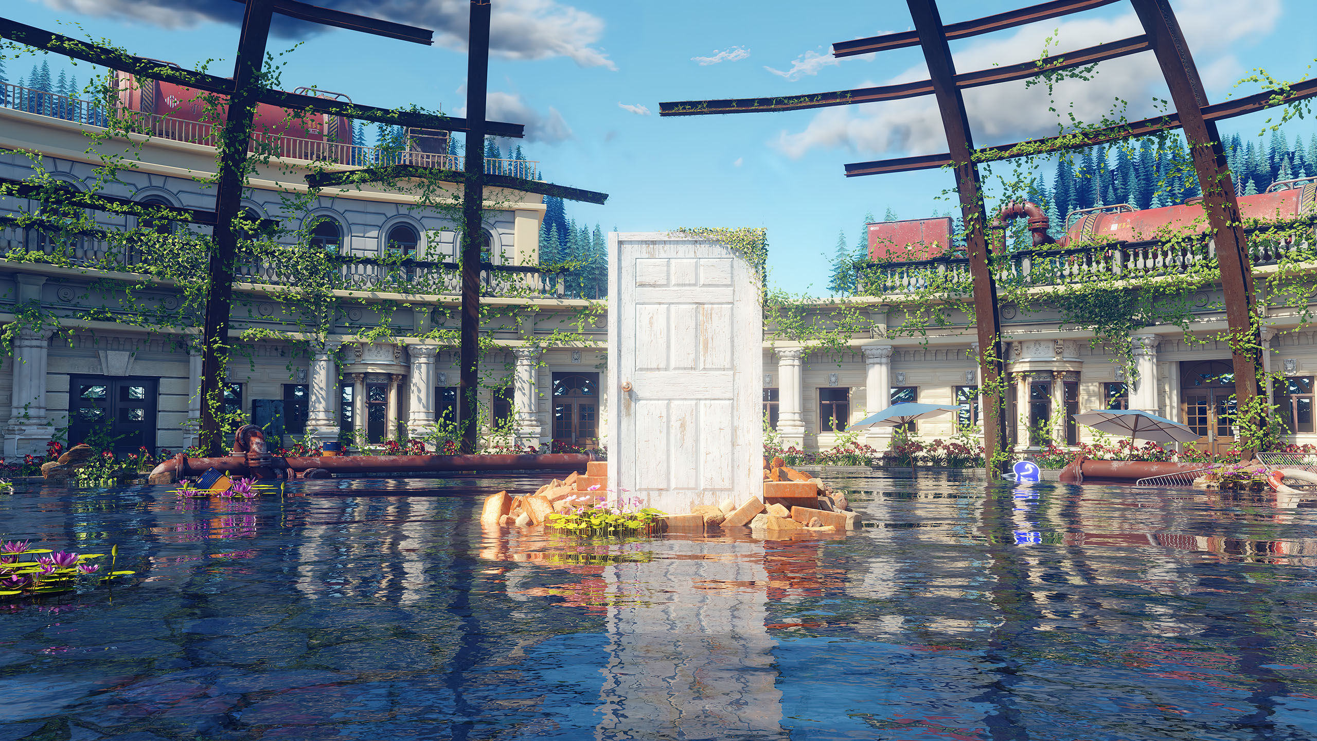 General 2560x1440 landscape anime sky reflection water door clouds AI art