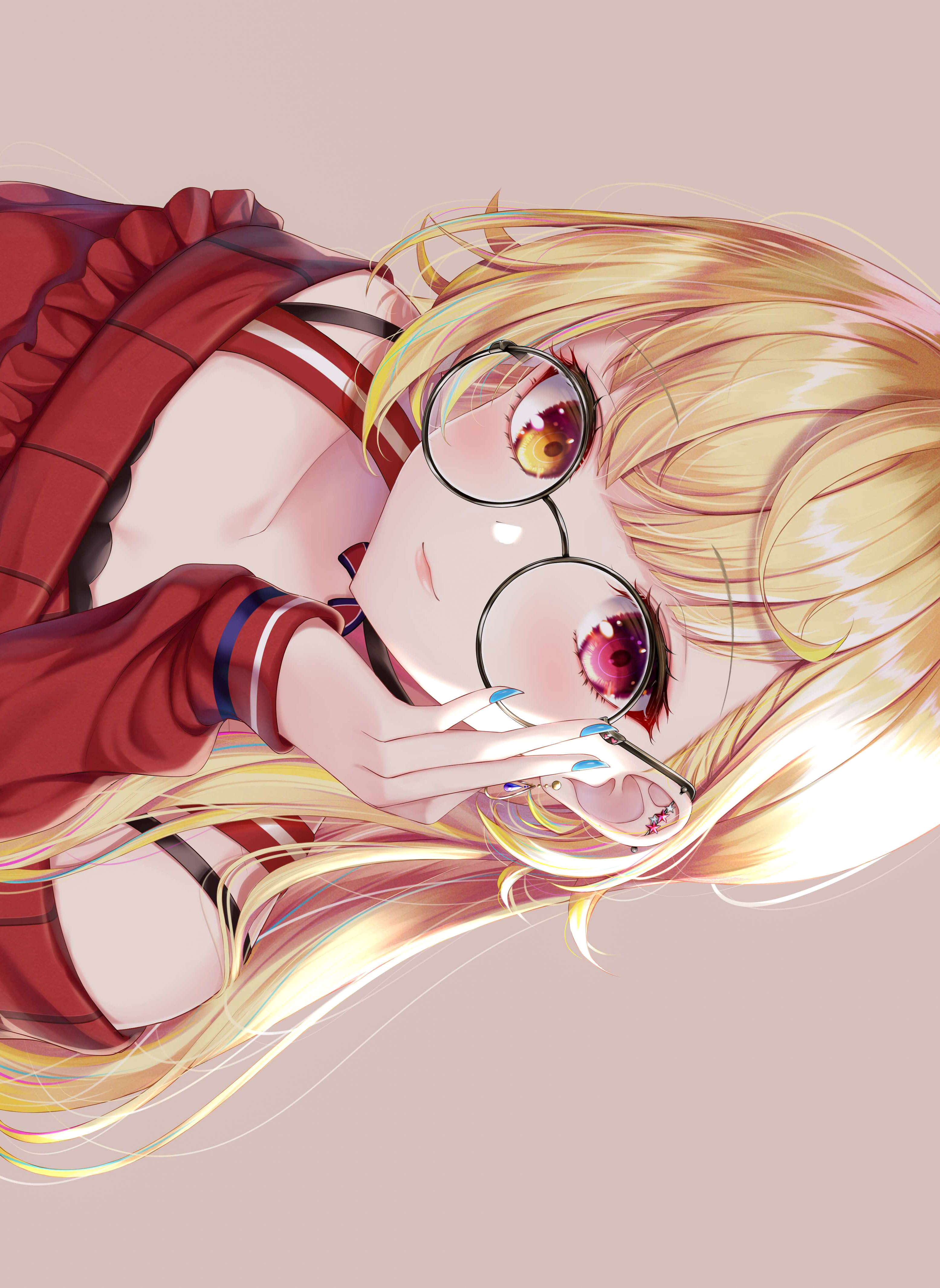 Anime 3110x4261 anime anime girls glasses heterochromia blonde minimalism simple background smiling choker looking at viewer painted nails earring long hair ear piercing