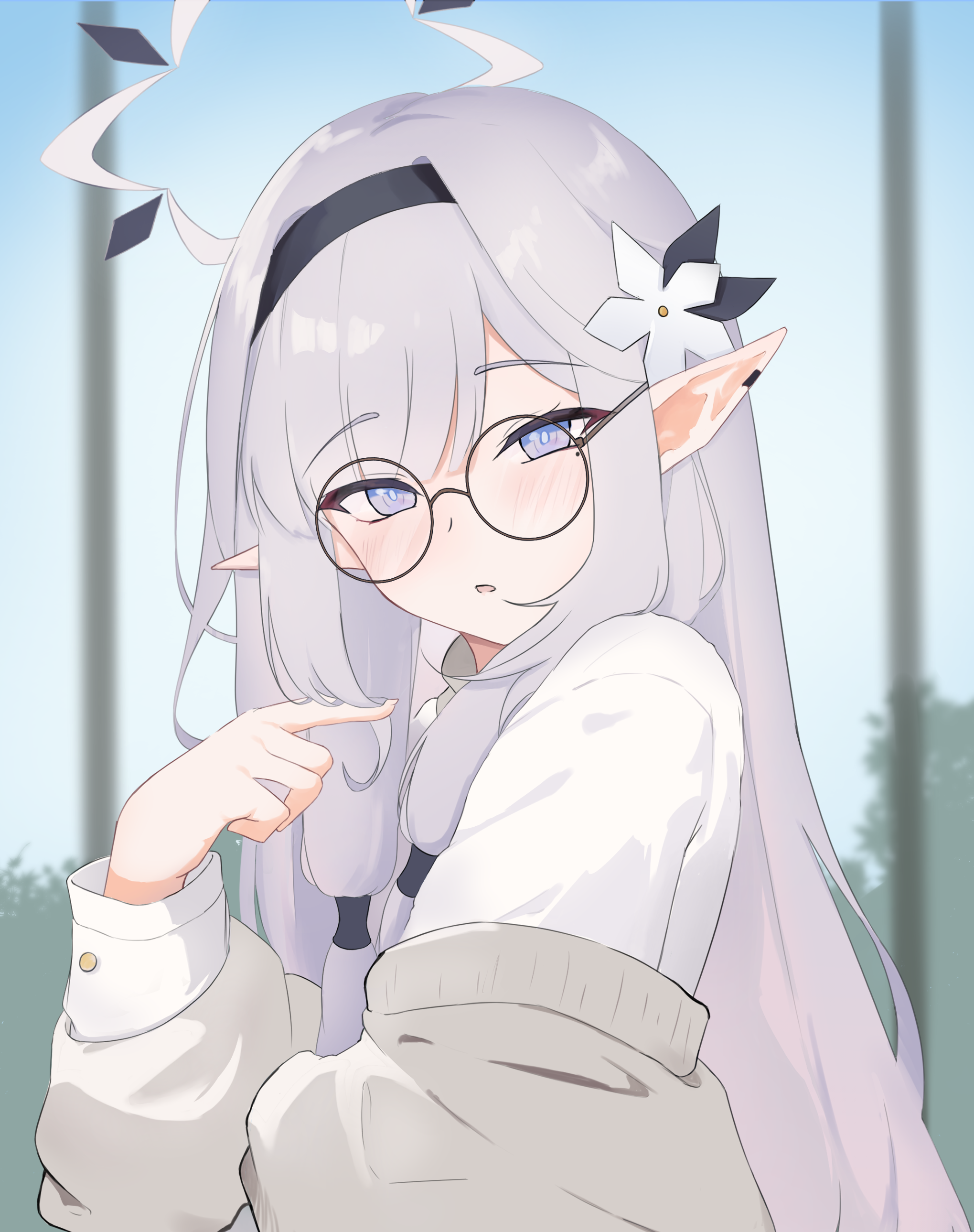 Anime 2039x2578 anime anime girls Akeboshi Himari (Blue Archive) pointy ears glasses Blue Archive long hair portrait display gray hair flower in hair blue eyes moles mole under eye looking at viewer