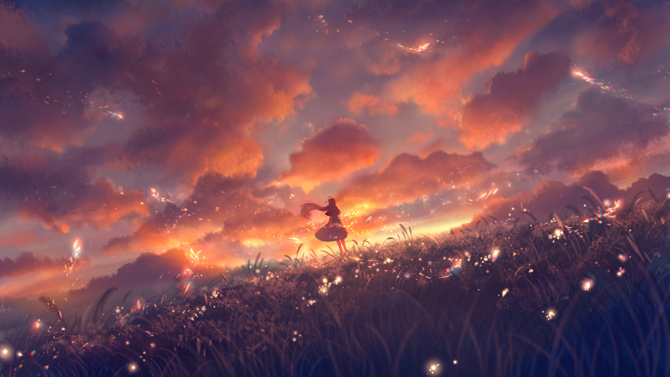 Anime 2200x1238 anime anime girls sunset sunset glow sky clouds grass standing long hair hair blowing in the wind dress sunlight