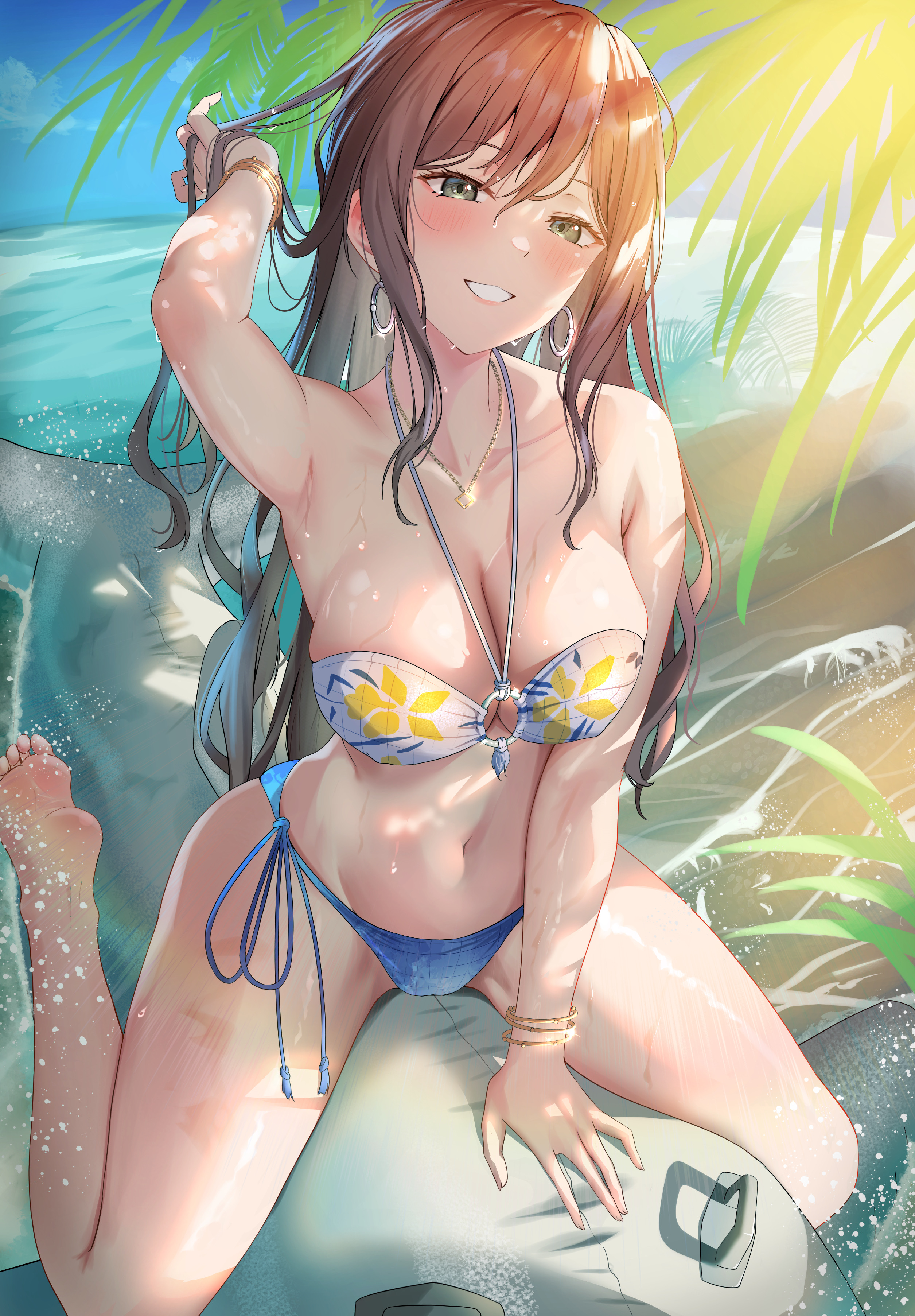 Anime 2510x3609 BanG Dream! cleavage anime girls portrait display Imai Lisa looking at viewer green eyes huge breasts bare shoulders water bikini hand(s) in hair Furiousghafo beach foot sole long hair leaves parted lips armpits arm support wet body gold bracelet water drops blue bikini inflatable orca sitting barefoot belly button palm trees earring smiling blushing women outdoors wet horizon thighs sky
