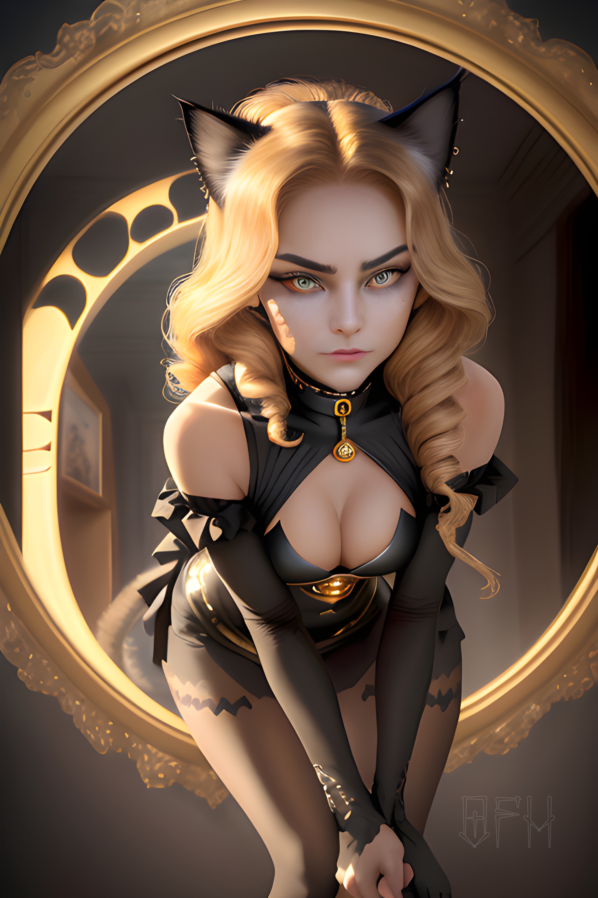 General 2048x3072 OneFinalHug Catwoman cat girl AI art looking at viewer digital art cleavage boobs blonde portrait display women cat ears cat tail picture frames bent over